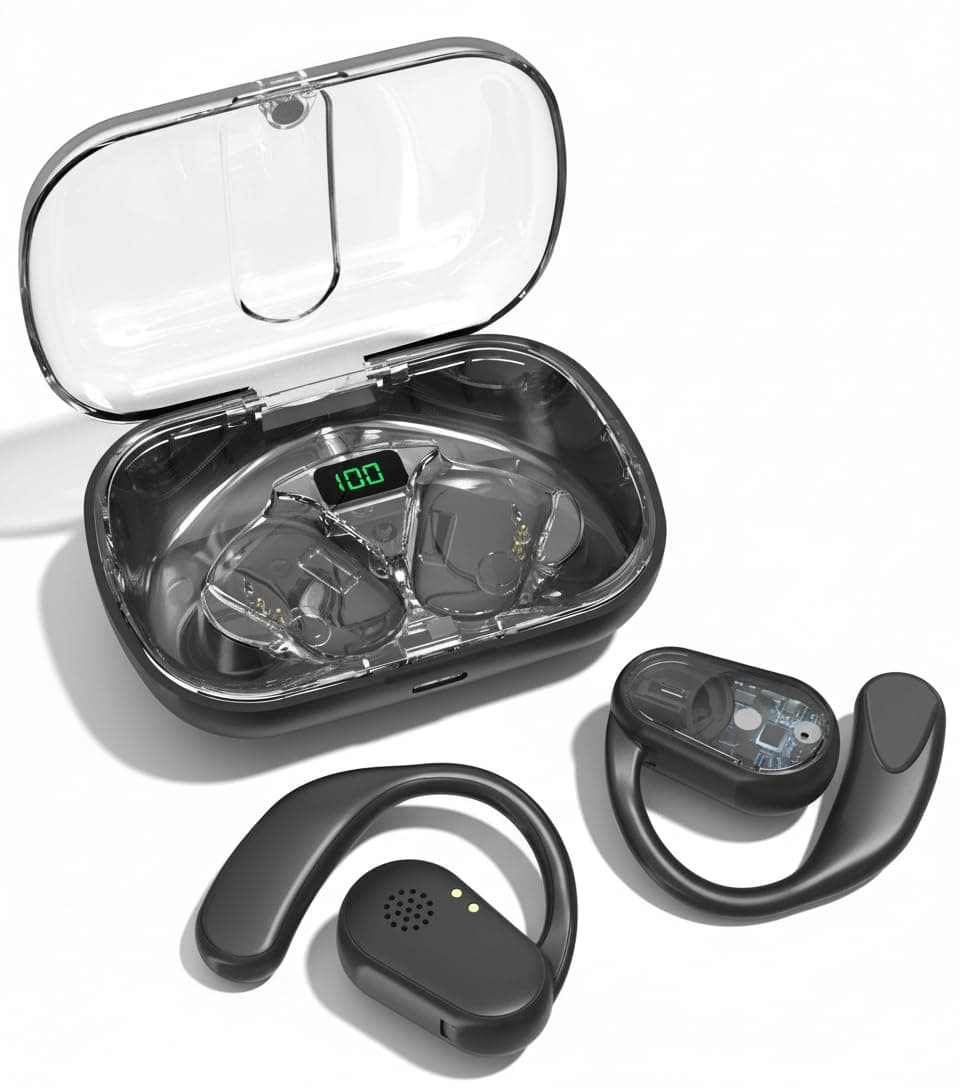 OWS 80 Open Ear Wireless Earbuds with Display,Transparent Design, ENC Mic for Calling, 40hr Playtime with Type-C Fast Charging, BT5.4 Gaming Bluetooth...