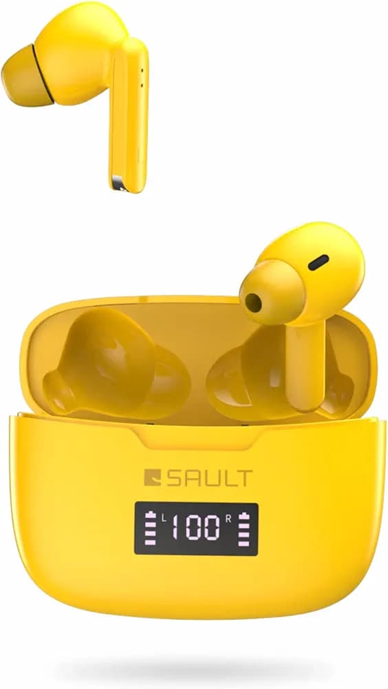 SAULT Airplugs On The Go True Wireless Earbuds(TWS) Bluetooth V5.1 Earbuds with mic, LED Display, 13mm Driver for Powerful bass, 24-Hrs Playtime, IPX6, Touch Control, Voice Assistant (Yellow)