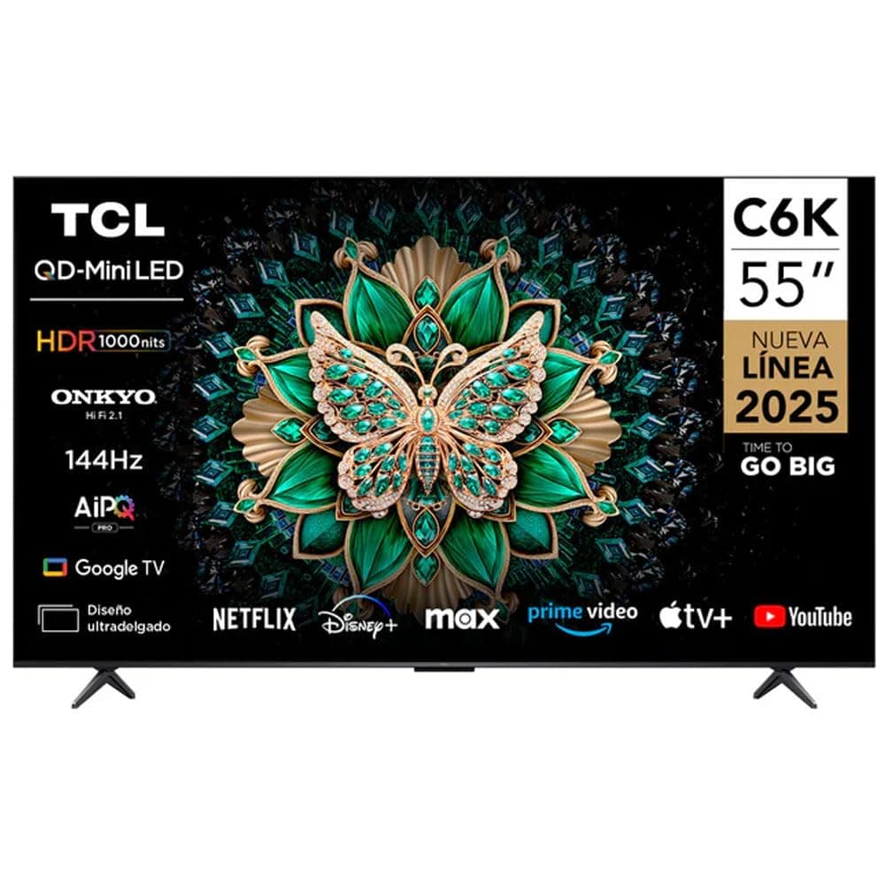 TCL 55 Inch QLED-MiniLED TV Smart Google TV, 4K Resolution, Dolby Vision Atmos, 144Hz, ONKYO 2.1 Hi-Fi System, Dolby Vision HDR, Ultra Slim Design – 55C6K (2025 Model)