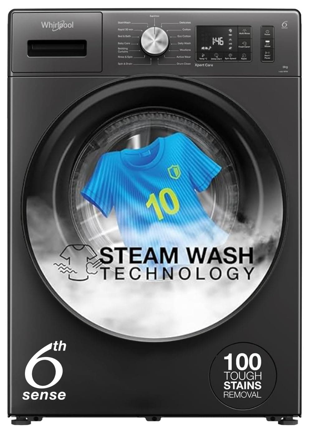 Whirlpool 8 Kg 5 Star Inverter Front Load Fully Automatic Washing Machine with In-Built Heater (XS8014BWME, MidNight Grey, Steam Technology, 100+ Toug...