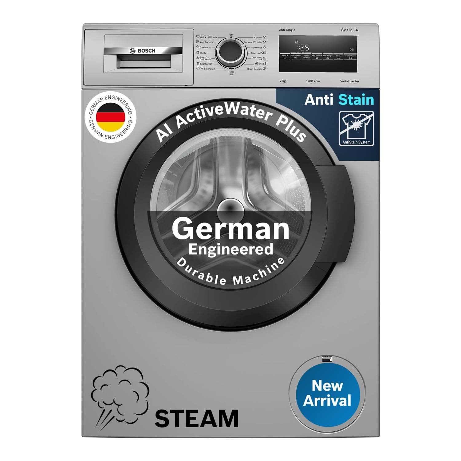 Bosch 7 kg 5 Star Fully-Automatic Front Loading Washing Machine (WAJ24266IN, Silver, AI active water plus, In-Built Heater)