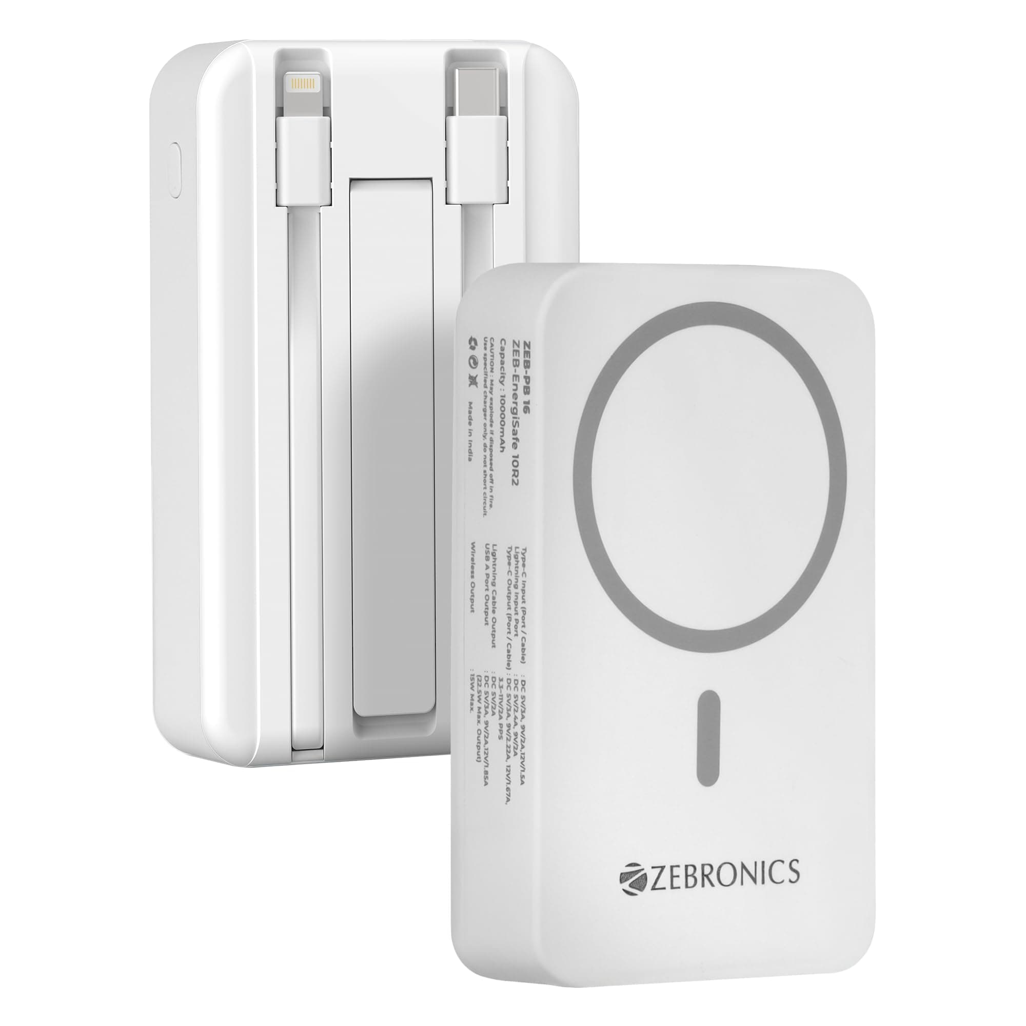 ZEBRONICS EnergiSafe 10R2, Magsafe 15W Wireless Power Bank, 10000 mAh, 22.5W Super Fast Charging PD (PPS), Built-in Stand, Type C & Lightning Cable, 5...