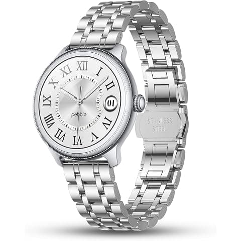Pebble Opal Newly Launched Smart Watch for Women | Super AMOLED, Classic Design, Glossy Metallic Finish, Stainless Steel Strap, 100+ Watch Faces, Cycle & Sleep Tracking | Sterling Silver