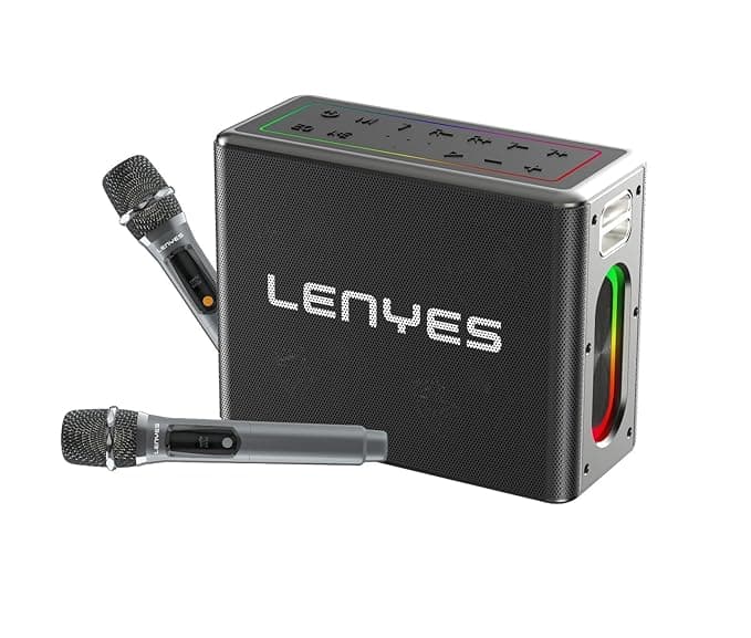 Lenyes S861, Wireless Bluetooth Portable Party Speaker with 2 Rechargeable Mics, 150W Output, Bluetooth V5.0, 12000 mAh Rechargeable Battery, RGB LED's, TWS Mode, Multi connectivity (Black)
