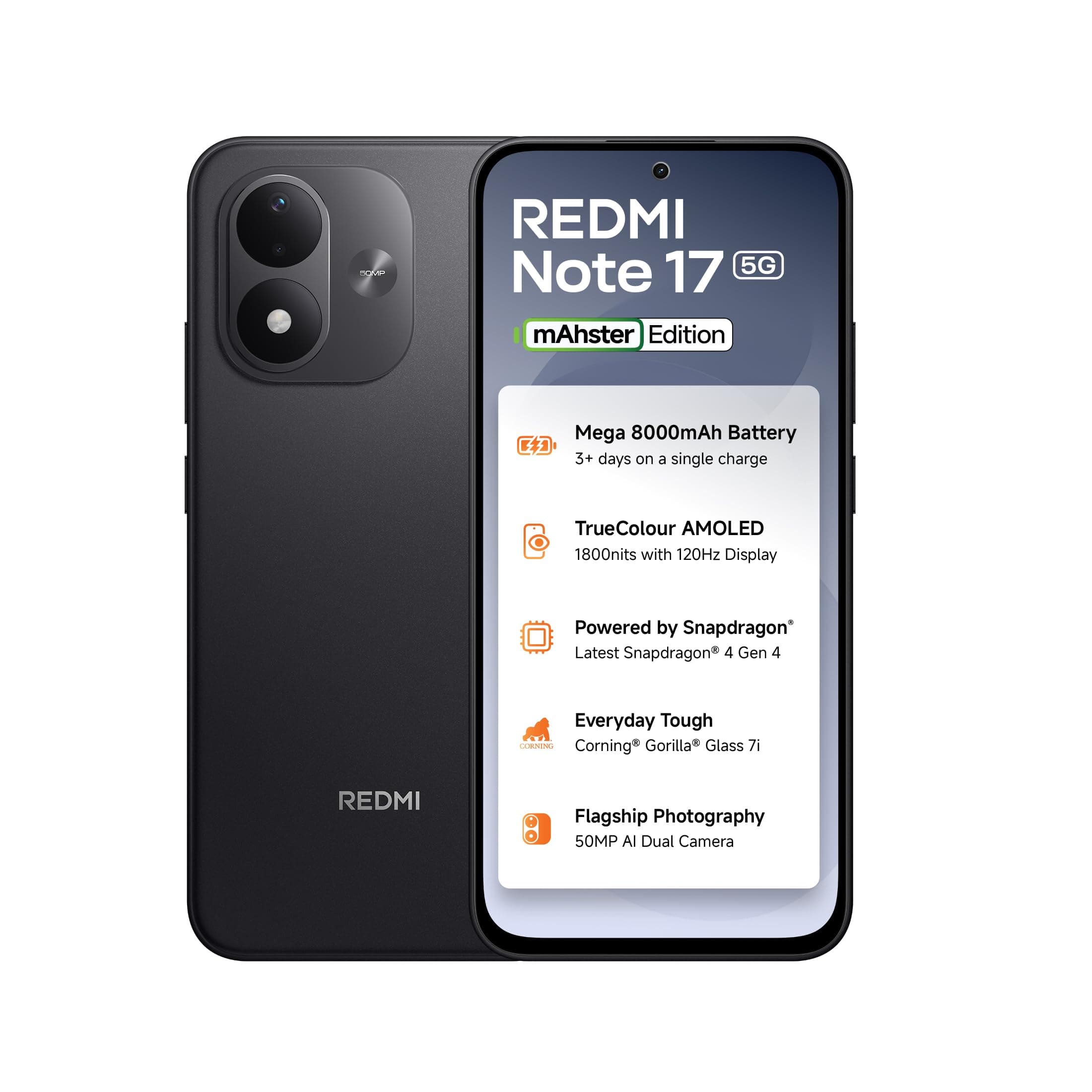 REDMI Note 17 5G (Dark Night, 6GB RAM, 128GB ROM) | 8000mAh Battery + 45W Fast Charging | 6.99" TrueColour AMOLED | Snapdragon 4 Gen 4 | 50MP Dual AI ...