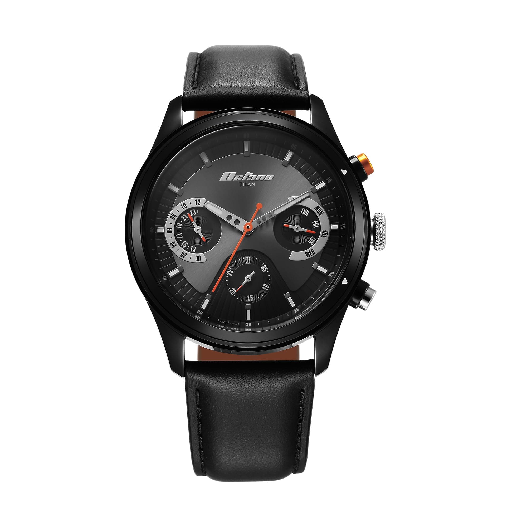 Titan Analog Men's Octane Quartz Multifunction Black Dial with Black Leather Strap Black Band Watch
