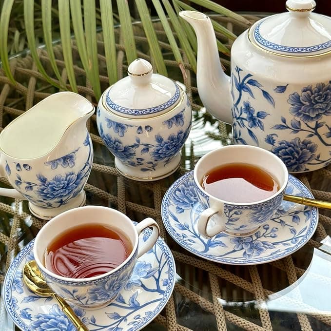 GOLDEN QUEEN'S Tea Cup Set with Kettle, Sugar & Milk Pot for Hosting & Gatherings | 15 Pieces - 6 Cups, 6 Saucers, 1 Tea Kettle, 1 Milk & 1 Sugar Pot | 24 K Gold Detailing - Sapphire Bloom