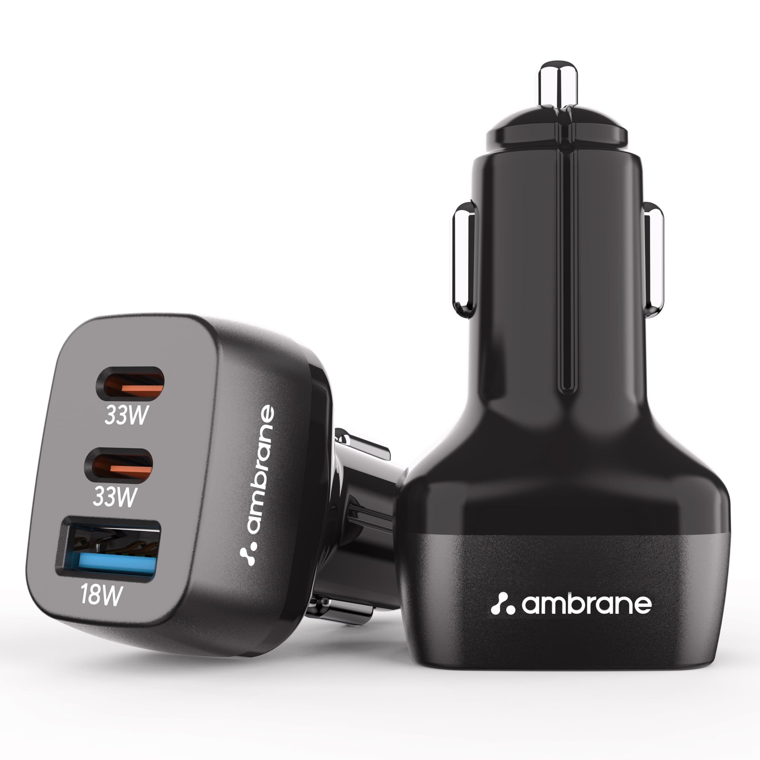 Ambrane 84W Triple Output Fast Car Charger with 2 Type-C & 1 USB, 33W Type C Charging with PD Technology, Fast Charging Adapter Compatible with Cars f...