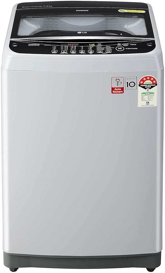 LG 7 Kg 5 Star Smart Inverter Fully-Automatic Top Loading Washing Machine (T70SJSF3Z, Middle Free Silver, TurboDrum, Jet Spray+) Washing Machines & Dr
