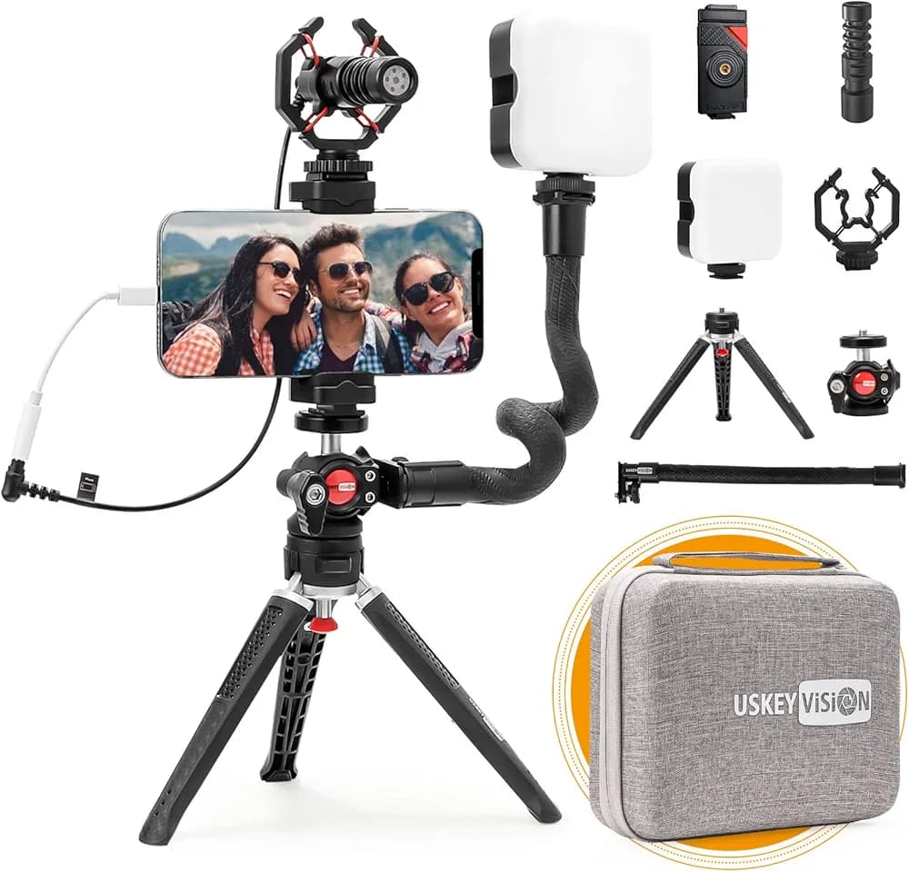 USKEYVISION Smartphone Video Vlogging Kit/Video Microphone Light Kit/YouTube/Tiktok Equipment, Unique Design for iPhone 13/Mini/pro/max & Smartphones, for Video Creators and Vloggers (V-Master)