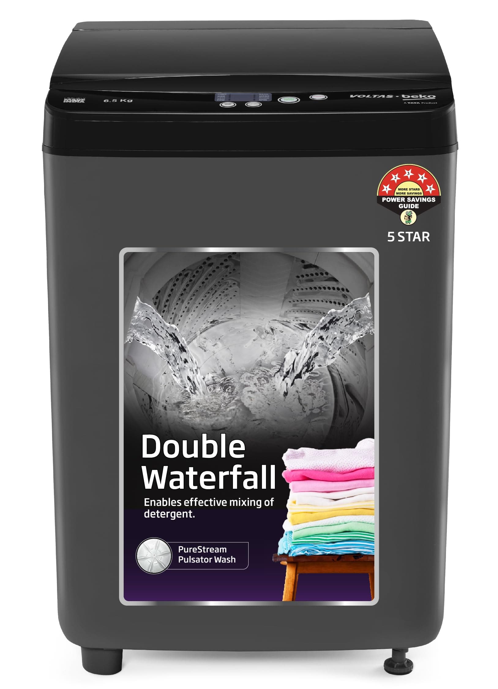 Voltas Beko, A Tata Product 6.5 Kg 5 Star Fully-Automatic Top Loading Washing Machine (2024 Model, WTL6504UEA/OBS2P10, Dark Grey, Pulsator wash and Do...