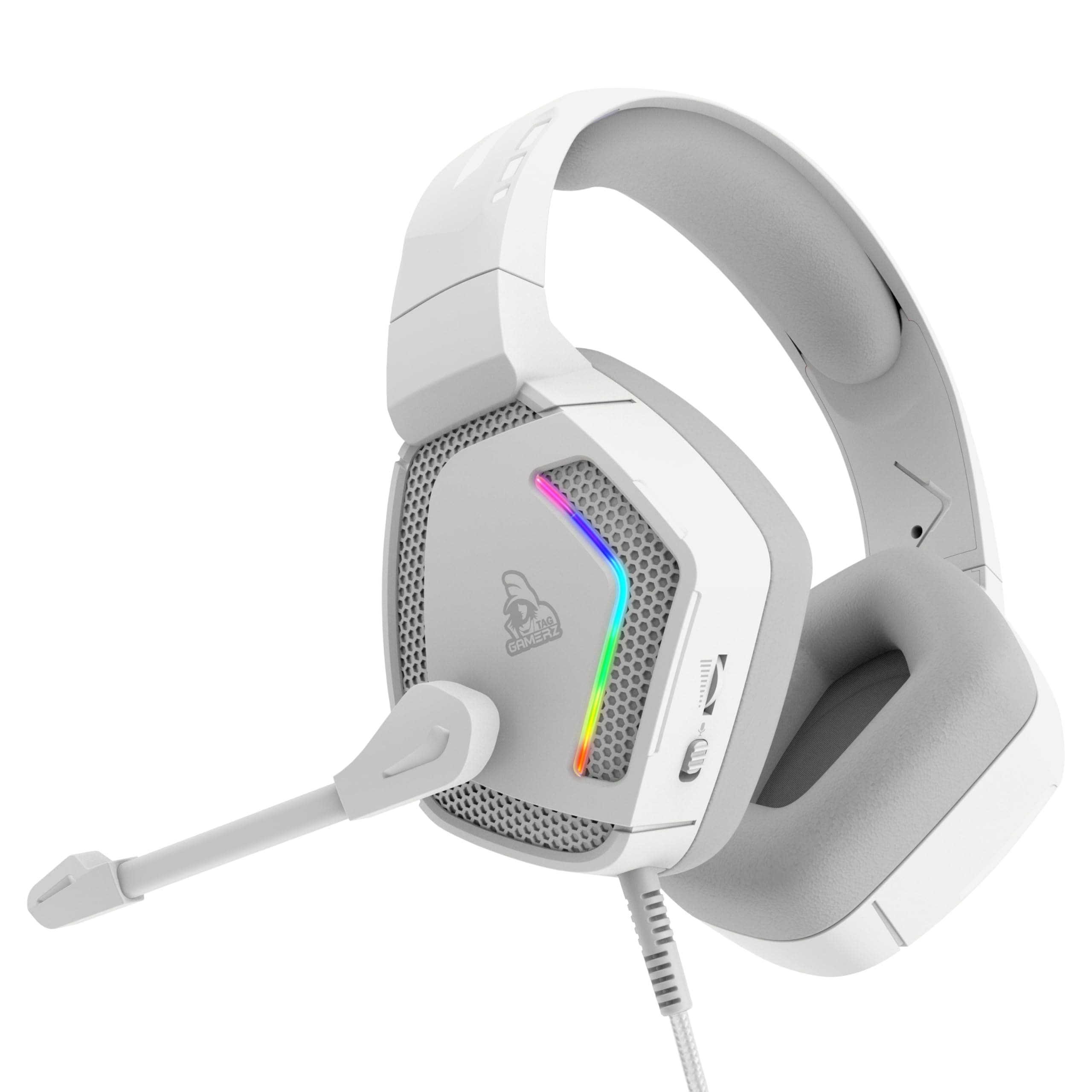 TAG Gamerz Victor RGB White Over-Ear Gaming Headphone Headset | Soft Ear Cups | 50mm Driver| 3.5mm Audio | 7 Color Breathing RGB with USB | 2m Braided...