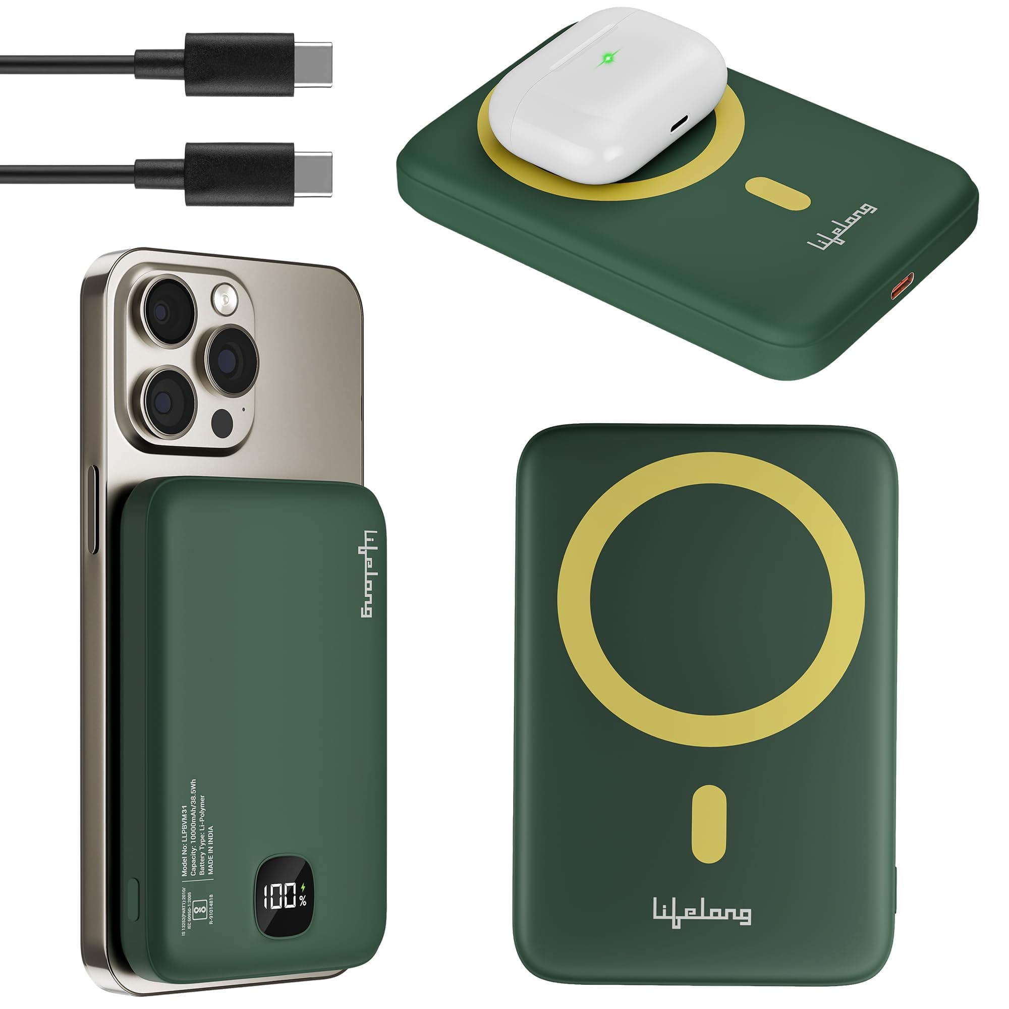 Lifelong Electronics 10000mAh MagSafe Wireless Fast Charging Power Bank for iPhone, Apple AirPods and All Q...