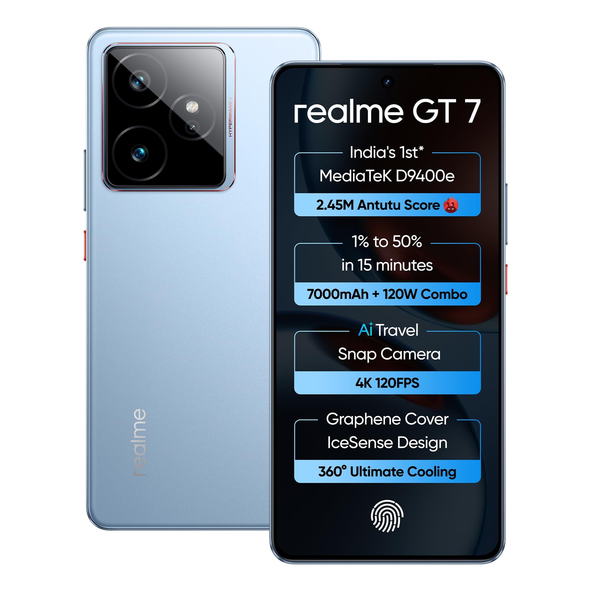 realme GT 7 (IceSense Blue,12GB+512GB) | India's 1st MediaTek Dimensity 9400e Chipset | Strongest Battery Combo 7000mAh + 120W | AI 4K 120FPS Travel C...