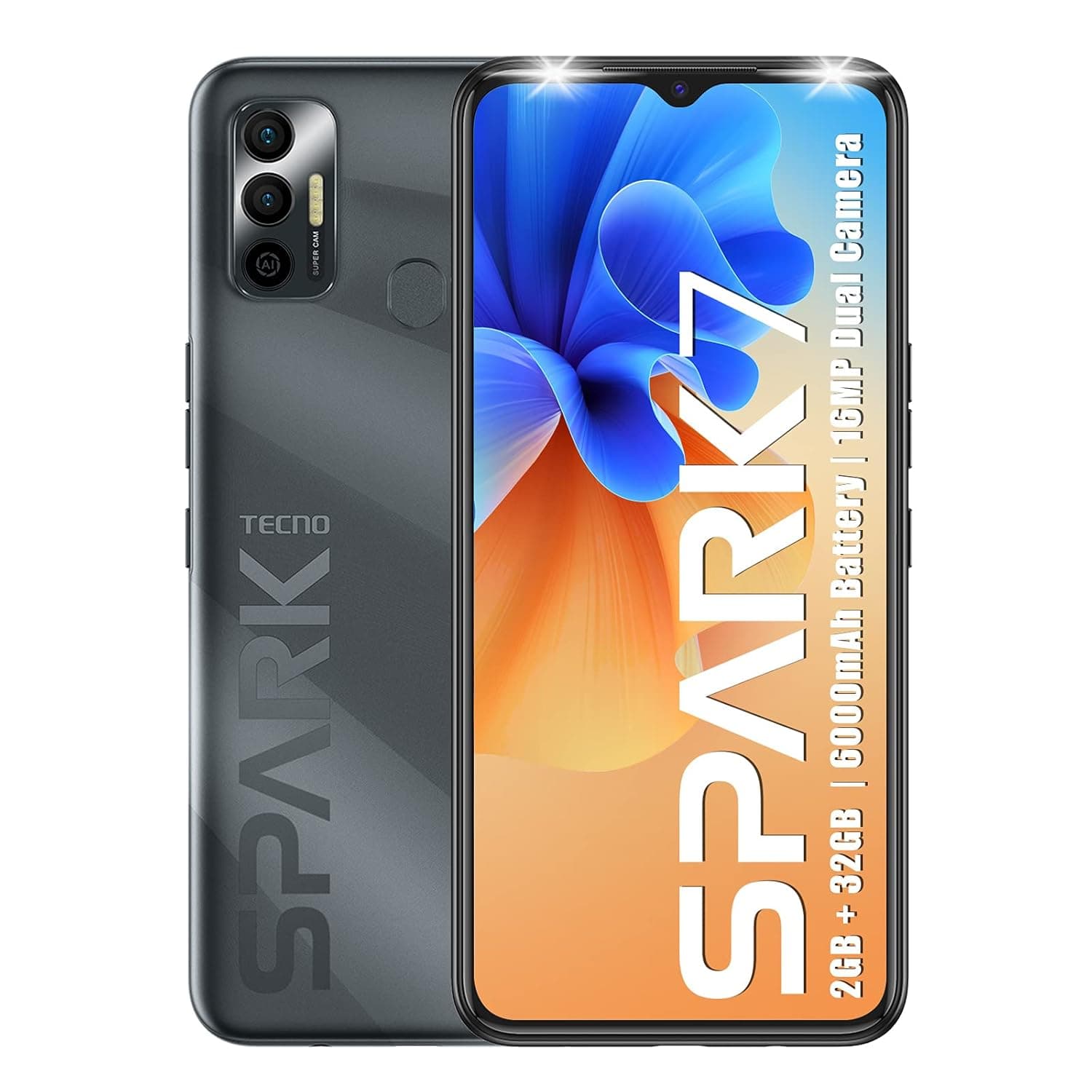 Tecno Spark 7 (Magnet Black, 2GB RAM, 32 GB Storage) - 6000mAh Battery|16 MP Dual Camera| 6.52” Dot Notch Display