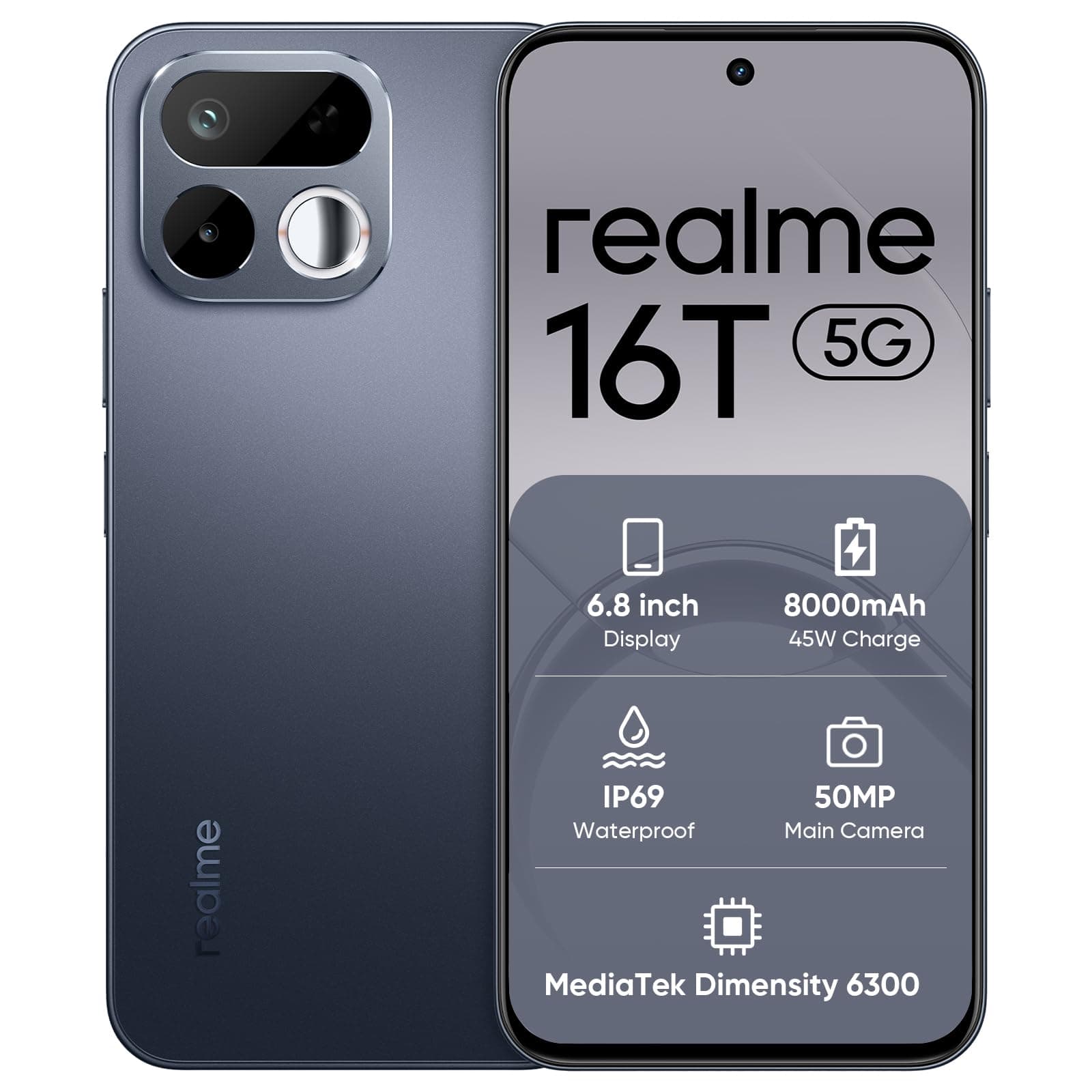 realme 16T 5G Smartphone 6GB+128GB, 8000mAh Battery,45W Fast Charging, 6.8" 144Hz Display,Rear 50MP+Front 16MP, Dimensity ...