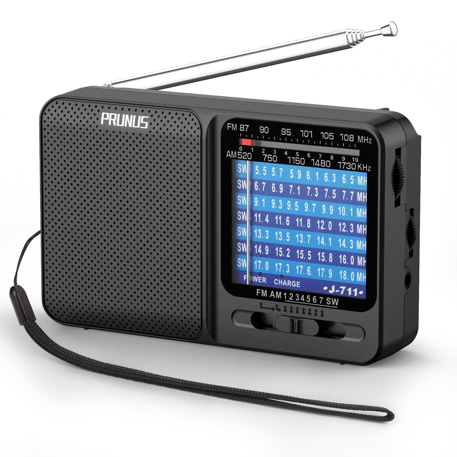 PRUNUS J-711 Portable Radio AM/FM/SW1-SW7 Shortwave Radios, USB-C Charging& AA Battery Operated, Excellent Reception, Long Antenna, Earphone Jack, Lan...