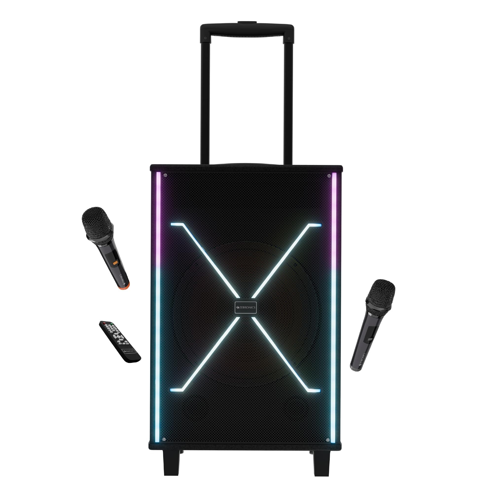 Zebronics 120W Party Trolley DJ Speaker, Upto 5h Playback, Dual UHF Mic, Karaoke, Full-Range 30.48cm Driver, TWS, 6.3mm Mic & Guitar in, Bluetooth, US...