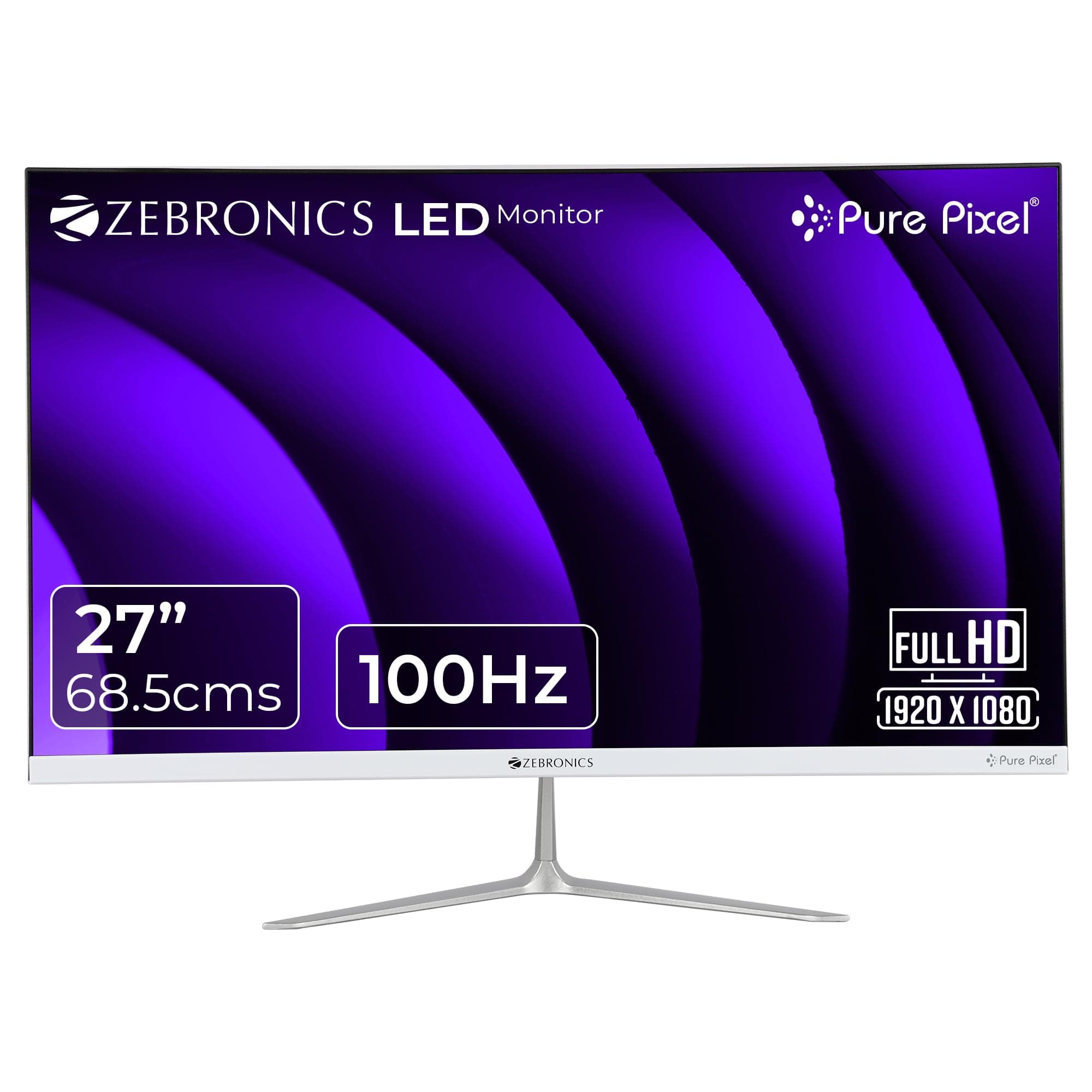 ZEBRONICS 27 (68.5 cm) Bezel-Less LED Monitor, 100Hz Refresh Rate, IPS Display, HDMI, VGA, FHD 1920x1080, 250nits, Built-in Speaker, 16:9 Aspect Ratio...