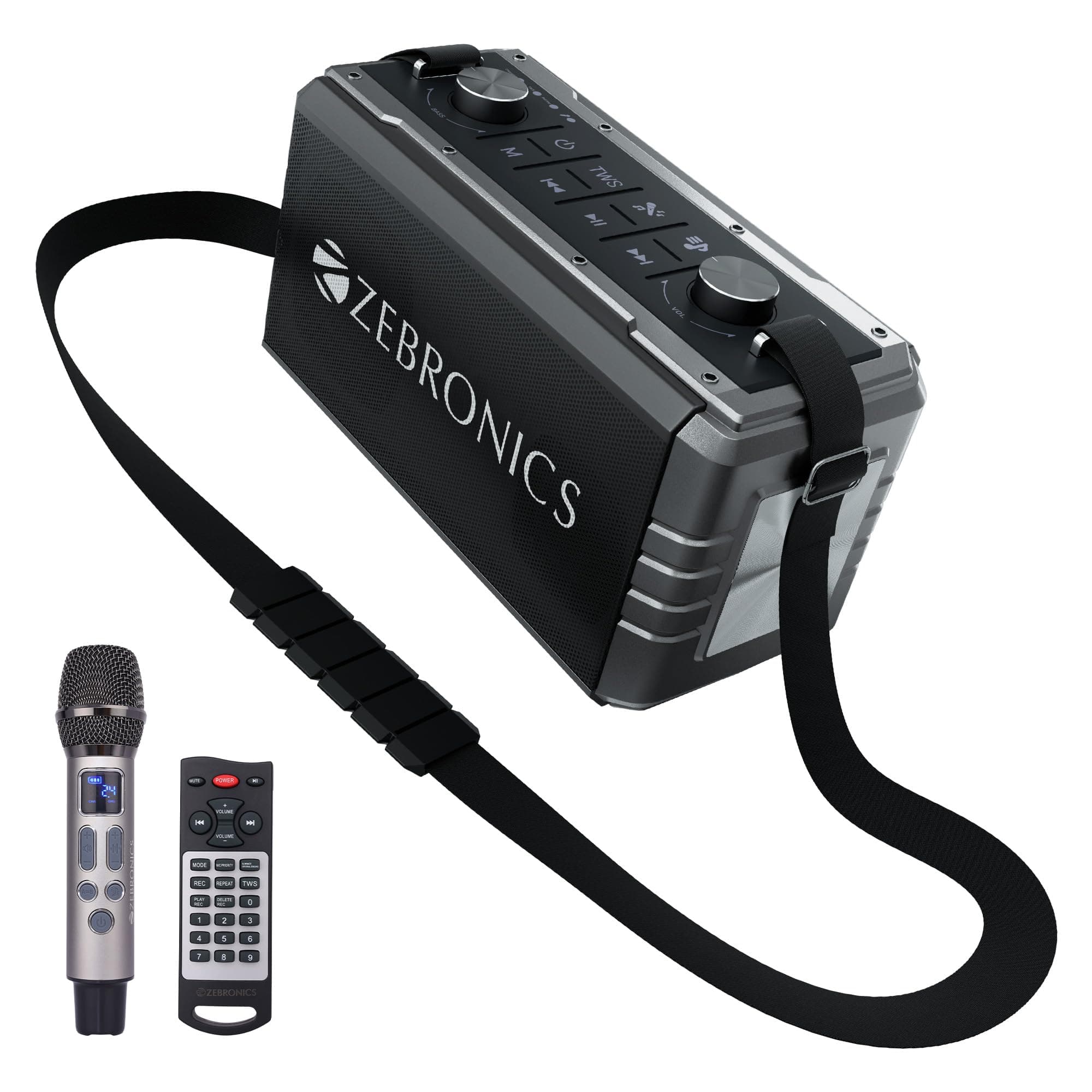 Zebronics Music Bomb 2 80W Output Wireless Speaker with BTv5.1, 10 h Backup, TWS, USB/mSD/AUX, Wireless Microphone, Detachable Carry Strap
