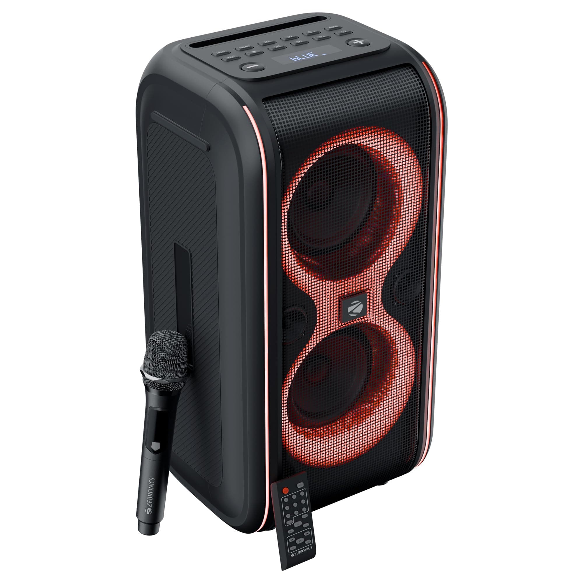 Zebronics Portable Bluetooth Speaker, 60W, Upto 7 Hours Playback, Dual 16.51cm Drivers, Karaoke, TWS, BT v5.4, USB, mSD, AUX, RGB, Wireless Mic with D...