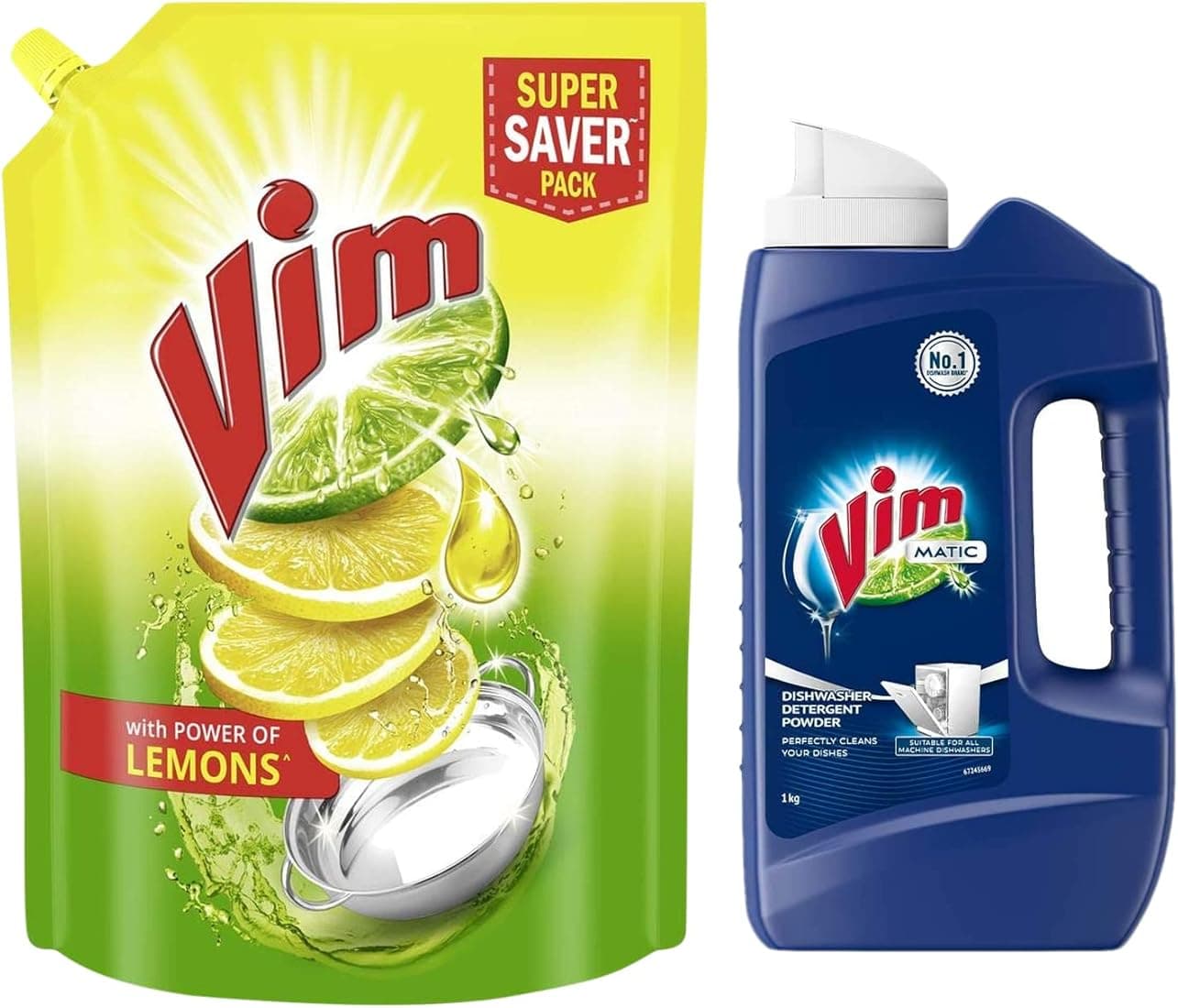 Vim Fresh Lemon Fragrance Dishwash Liquid Gel 2 L Refill Pack & Matic Dishwasher Detergent Powder 1 Kg