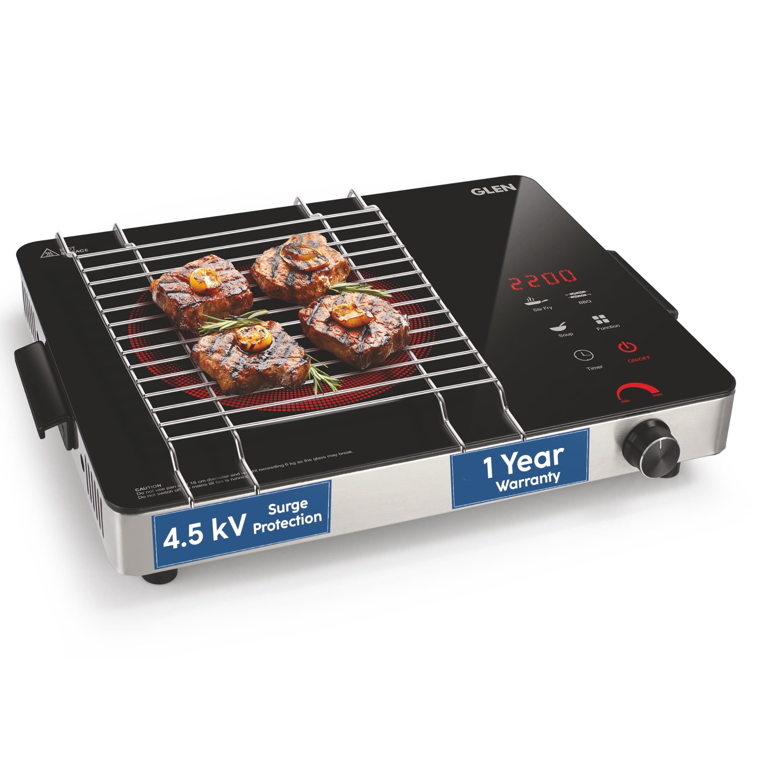 Glen 2200W Infrared Cooktop Stove with Stainless Steel Grill Rack Touch Control, Polished Crystal Glass Plate, Digital Display, 3 Preset Cooking Modes...