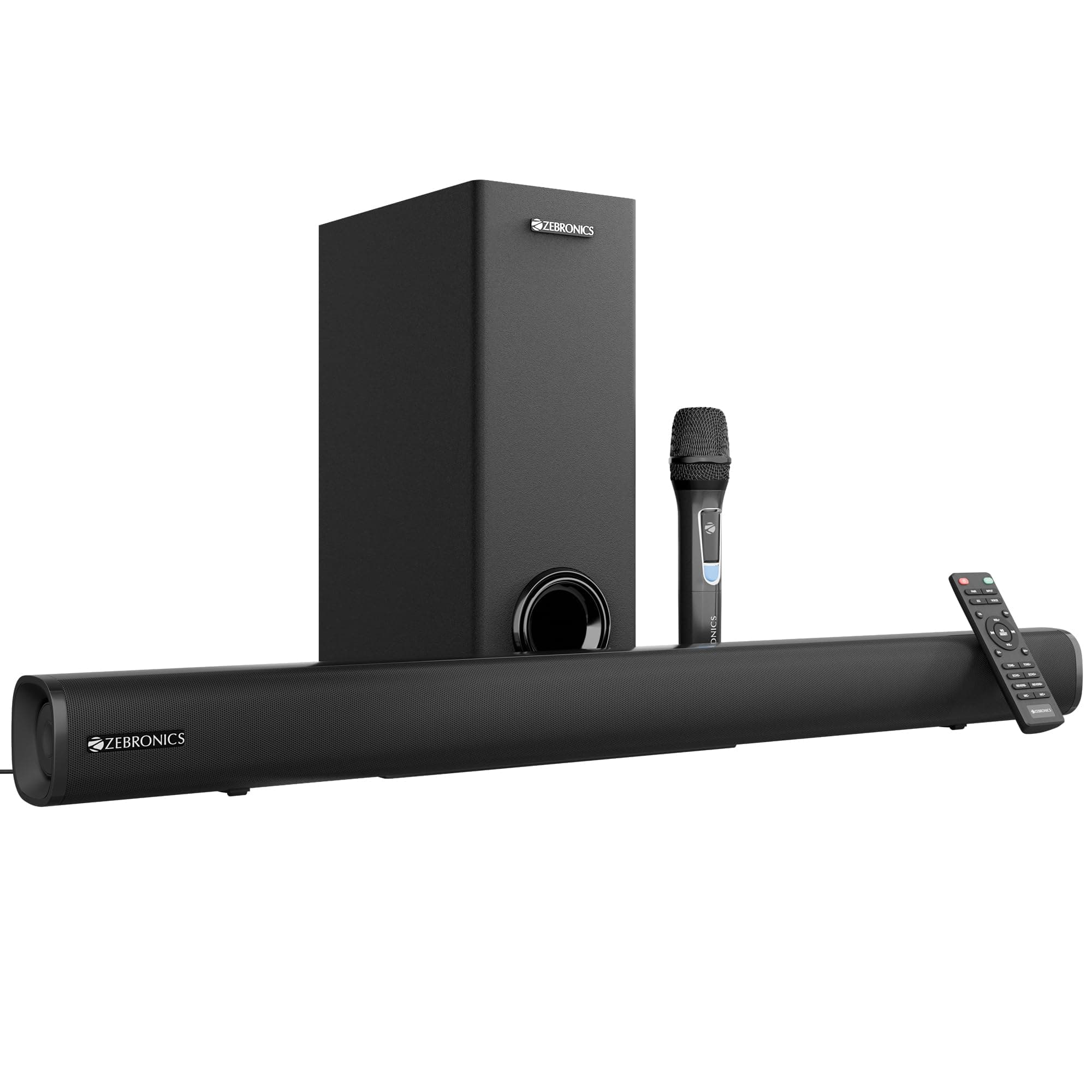 Zebronics 200W Soundbar with Dual Drivers, Virtual 5.1 Surround, 5.2" Subwoofer, BT v5.3, TV (ARC), USB, AUX, Wall Mountable, Karaoke, Wireless Mic, L...