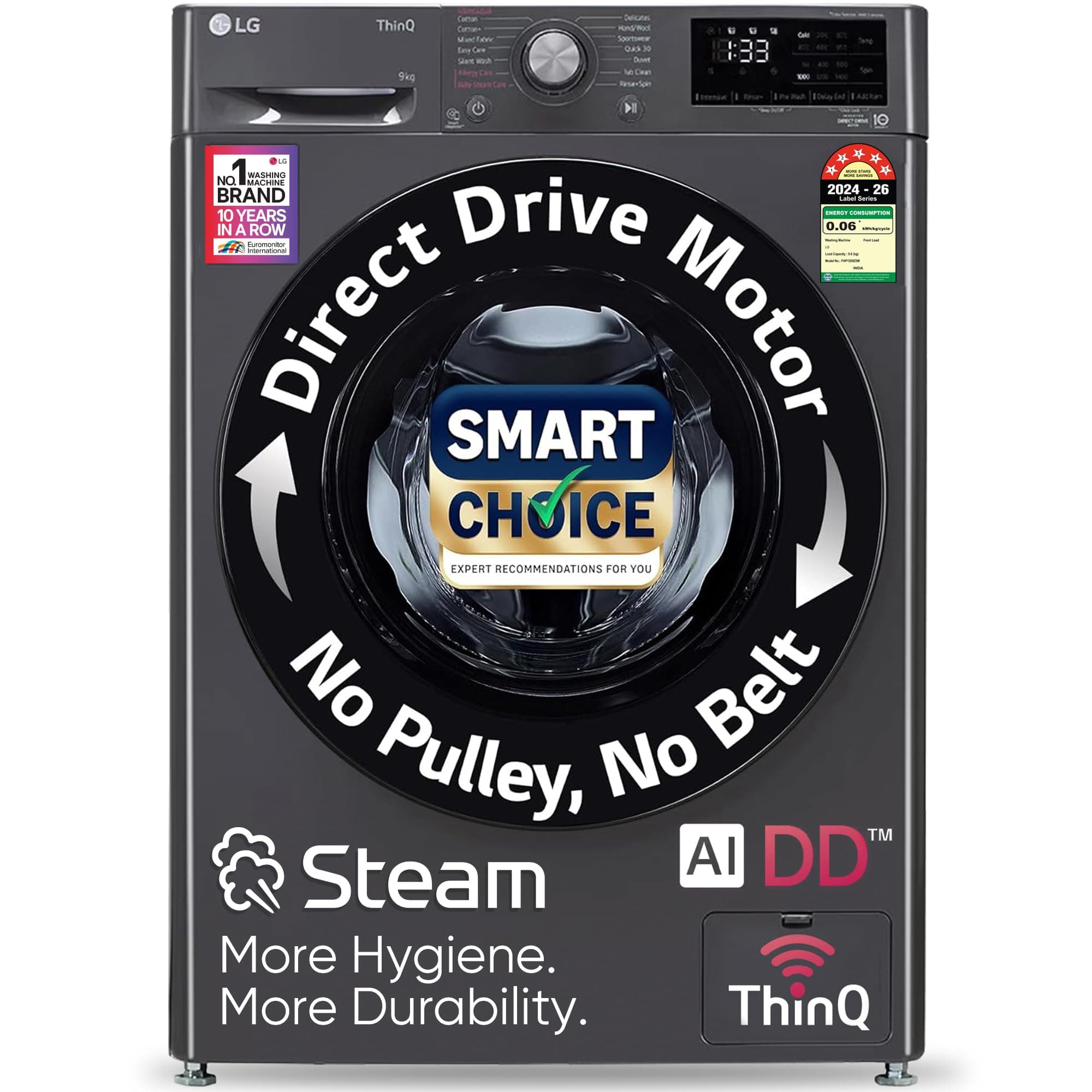 LG 9 Kg 5 Star Wi-Fi Inverter AI Direct Drive Fully-Automatic Front Load Washing Machine with In-Built Heater (FHP1209Z5M, 6 Motion DD & Steam for Hygiene Wash, Middle Black)