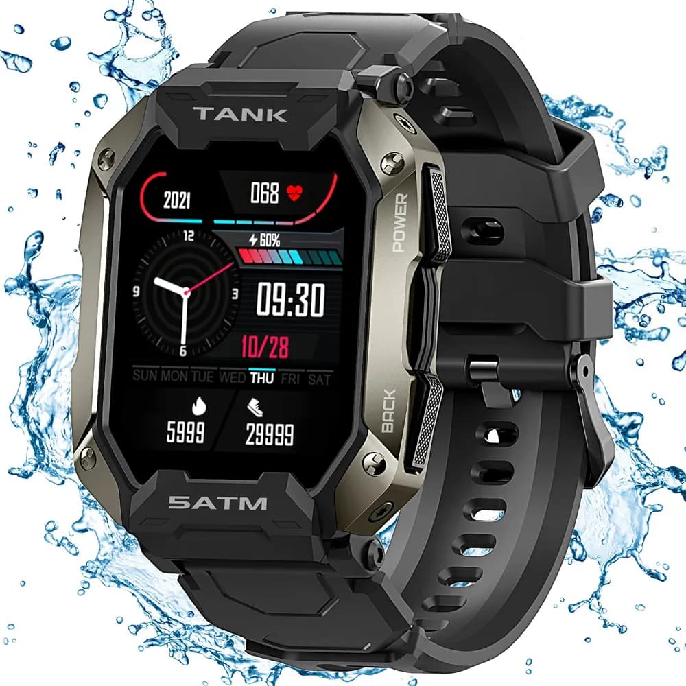 Kospet Tank M1 Smart Watches for Men and Women - 5ATM/IP69K Waterproof Fitness Smart Watch for Android iPhones with Heart Rate and Blood Pressure - 1.72" Tactical Military Sports Smartwatch - Black