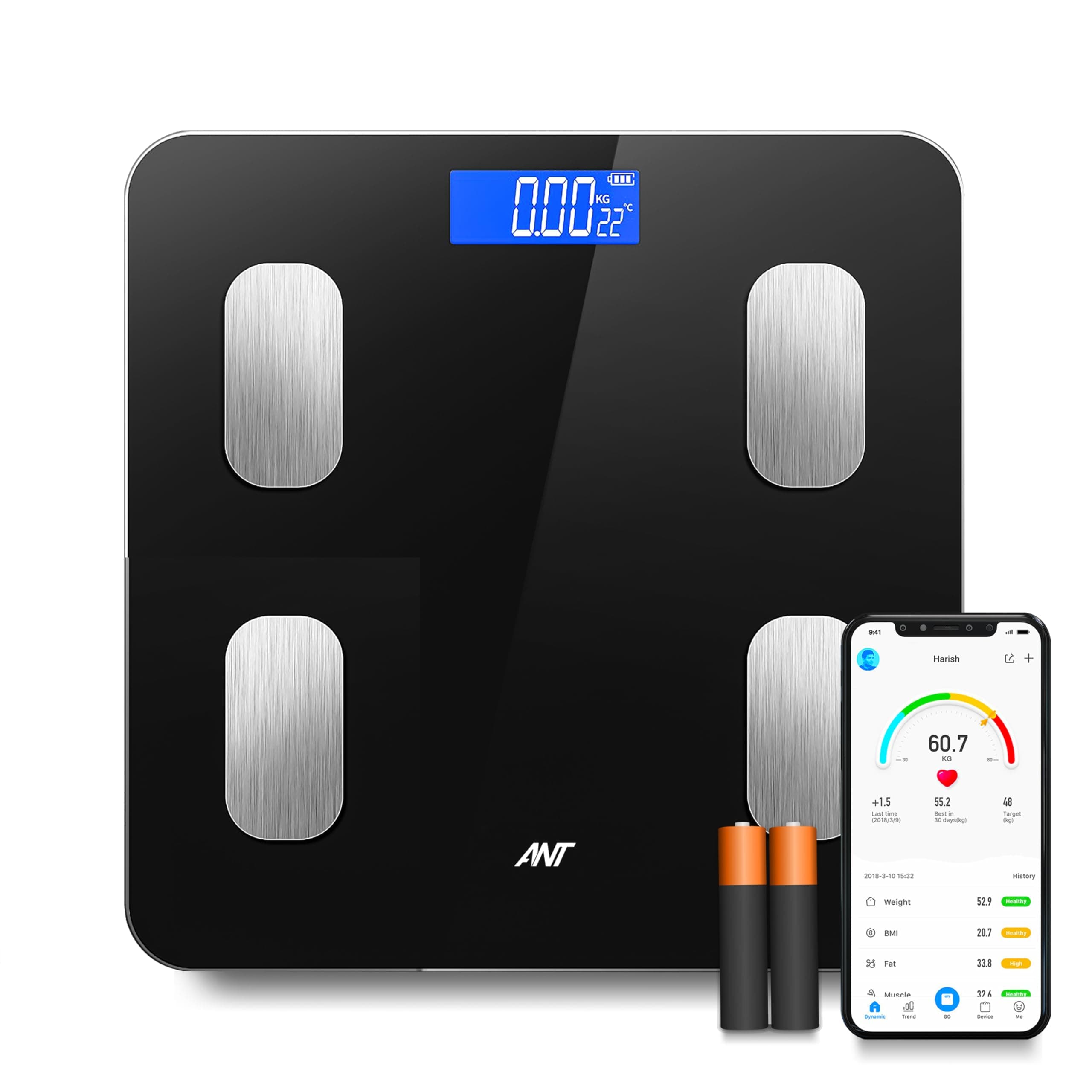 ANT Aura Smart Digital Body Fat Scale with Bluetooth | Accurate Weighing Machine for Body Weight, BMI, Muscle Mass, Body Composition | 180Kg Capacity ...