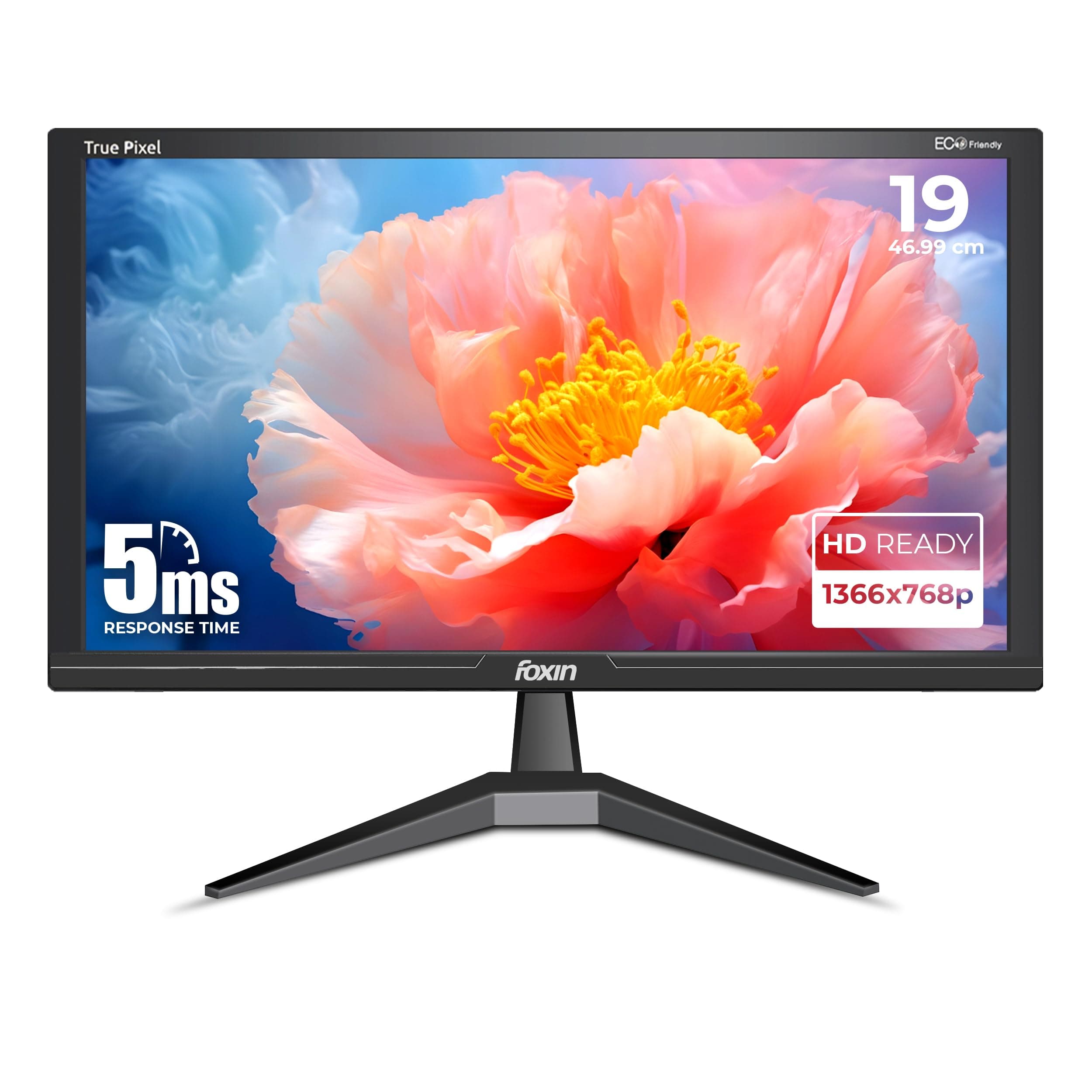 Foxin Crystal 19 Inch (46.99 cm) Crystal Flat LED Monitor | True Pixel HD Display, 1366x768p, 16.7M Colors, 5ms, 60Hz | HDMI & VGA Ports | Wall Mounta...
