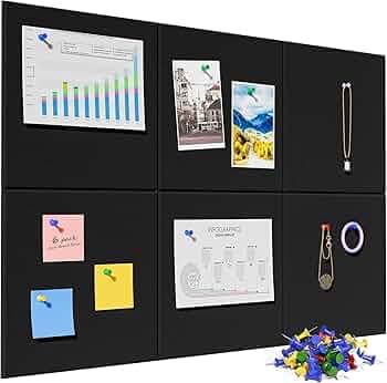 Climberty 6Pcs Black Felt Bulletin Board, 30x30cm Self-Adhesive Wall Boards with 50pcs Drawing Pins, Felt Message Board for Paste Notes, Photos, Sched...