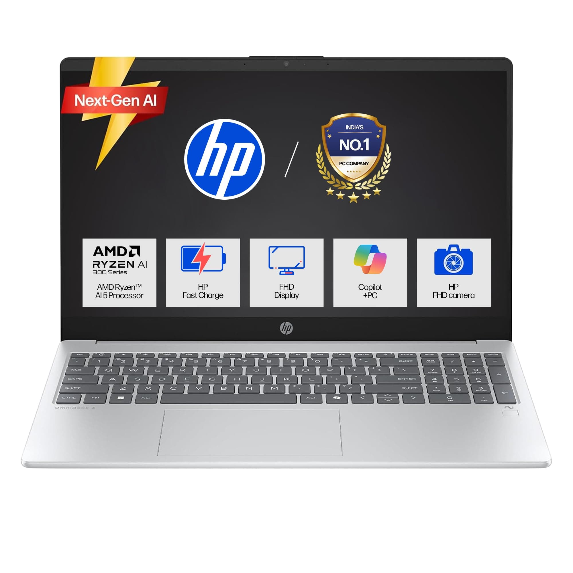 HP OmniBook 3 AMD Ryzen AI 5 340 Next Gen AI Laptop, (16GB DDR5, 512GB SSD), Anti-Glare,15.6''/39.6cm FHD, Win11,Office24, Silver,1.7kg, FHD Camera w/...