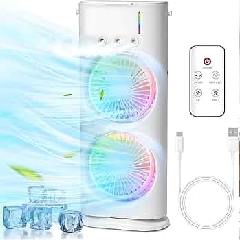 PYXBE USB Portable Cooling Fan with Remote Control, Rotatable with water Tank Mini Air Cooler,280ml 7 Colors Light Rechargeable Mist Cooling Fan,Bedro...