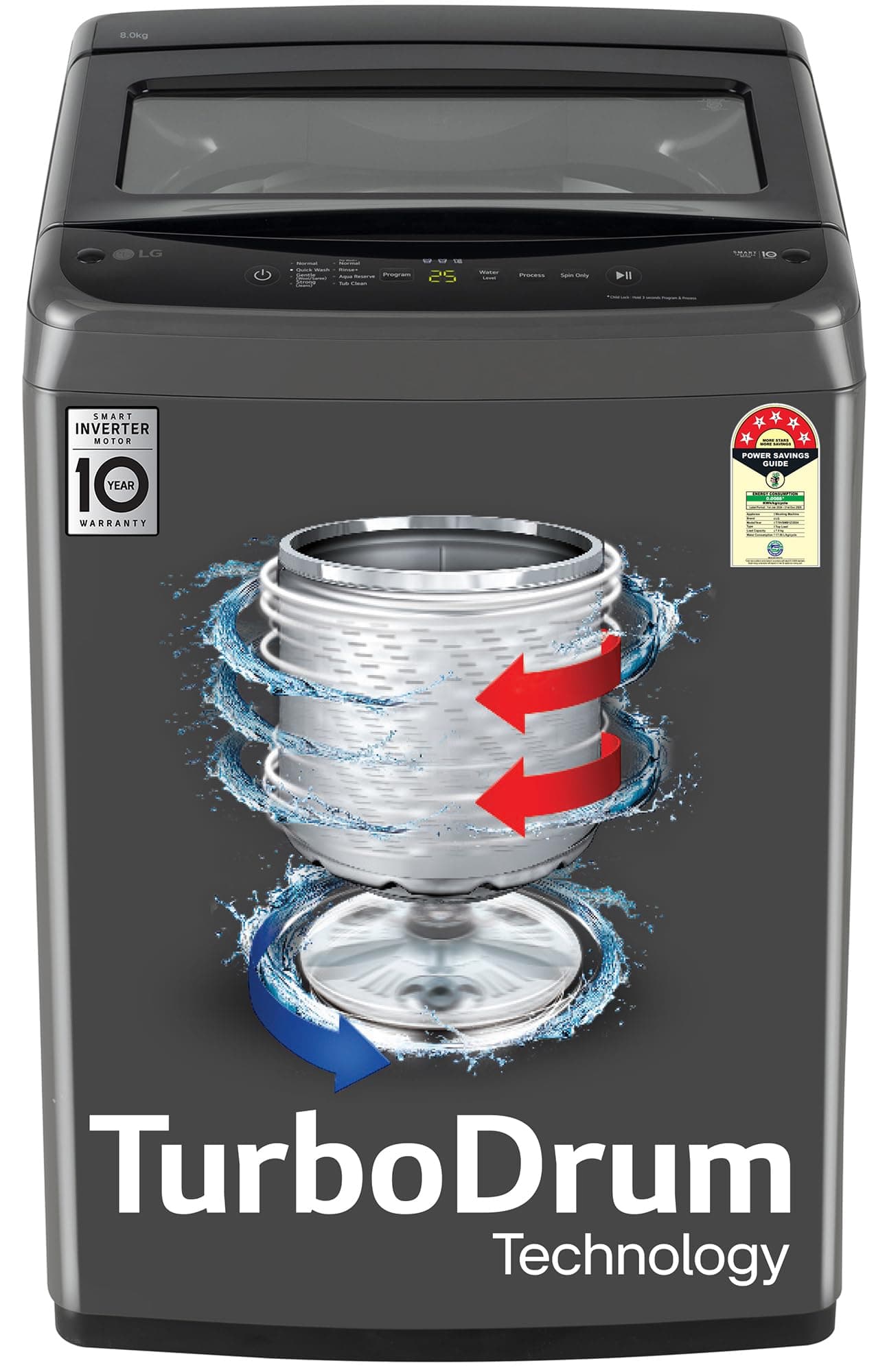 LG 8 Kg 5 Star Smart Inverter Technology Fully Automatic Top Load Washing Machine (2025 Model, T80VBMB4Z, Turbodrum, Auto Prewash, Stainless Steel dru...