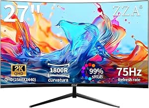 ZZA 27" Curved Monitor with 2K(2560 X 1440) 75Hz Resolution 27" Qhd Monitor with Hdmi, Dp and Wall Mount, Office Monitor f...