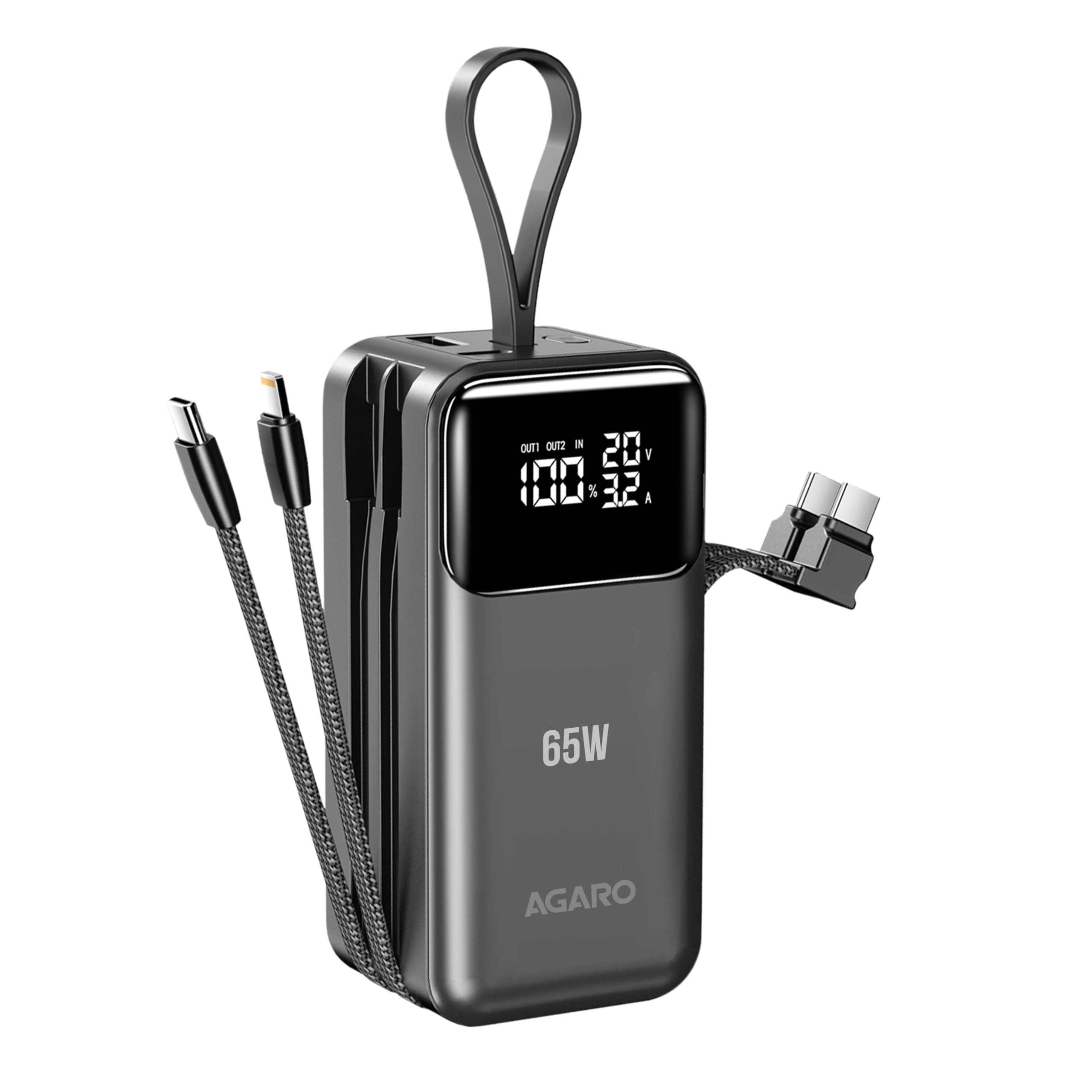 AGARO Sonic Power Bank 20000 mAh 65W 4-in-1 Power Bank (Type-C & Lightning Cable, USB-A & Type-C Port),65W PD & 60W QC Output, Fast Charging for Lapto...
