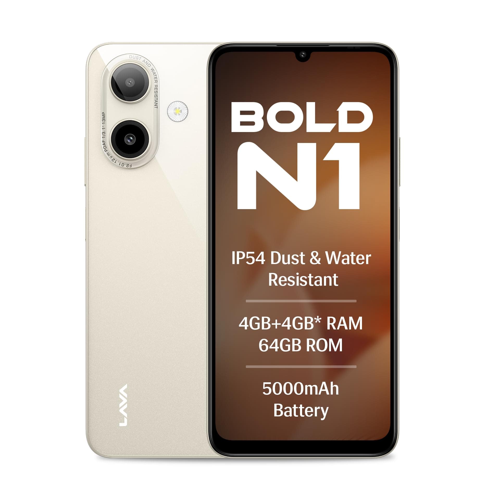Lava Bold N1 (Sparkling Ivory, 4 GB RAM, 64 GB Storage)| 6.75" (90 Hz) HD+ Display | 13MP AI Dual Rear Camera | 5000 mAh Battery | Secure Face Unlock ...