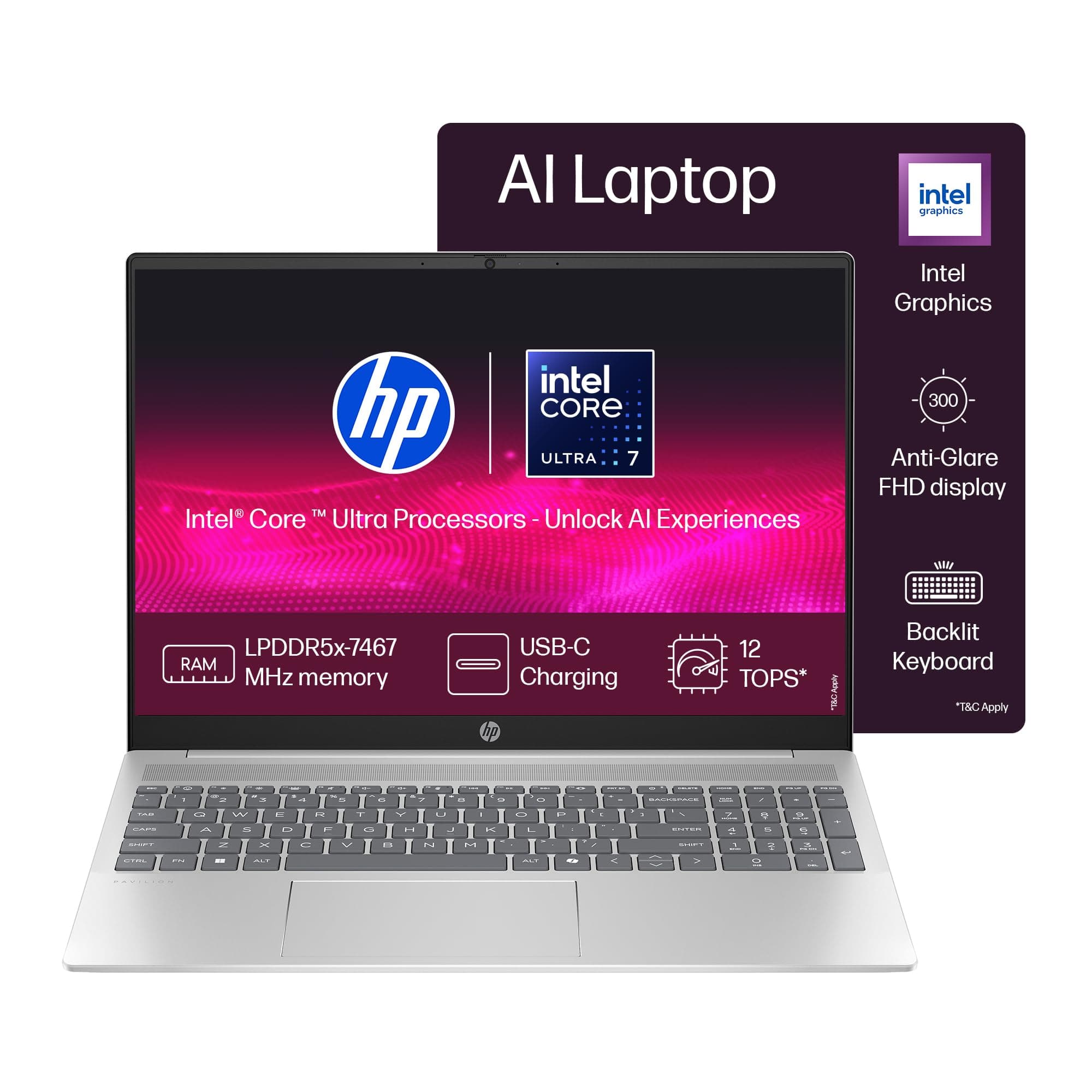 HP Pavilion 16, Enhanced by AI, Intel Core Ultra 7 155U, 16-inch (40.6 cm), WUXGA, 16GB LPDDR5x, 512GB SSD, Intel graphics, 1080p FHD IR camera, Copil...