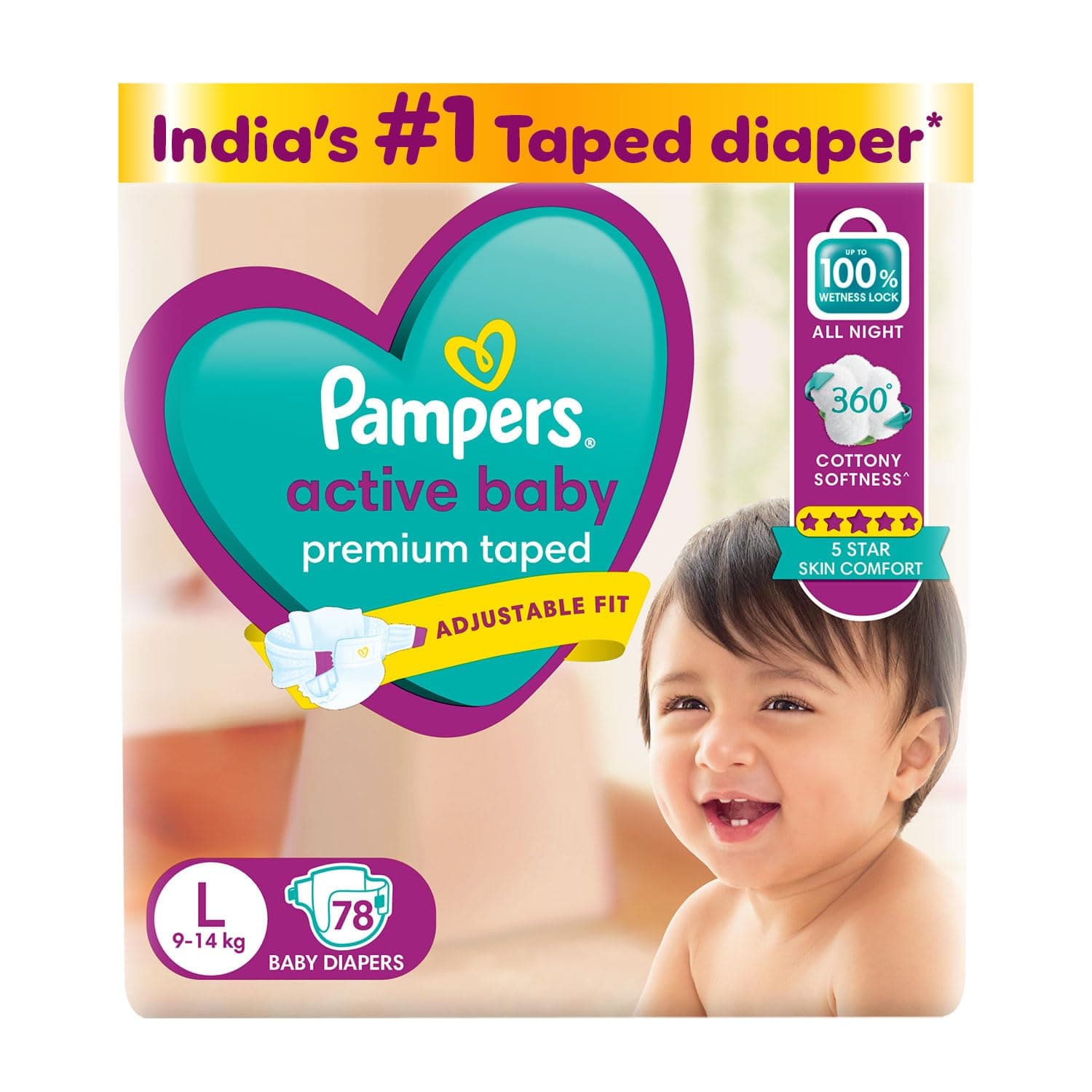 Pampers Active Baby Taped Diapers, Large size diapers, (L) 78 count, taped style custom fit