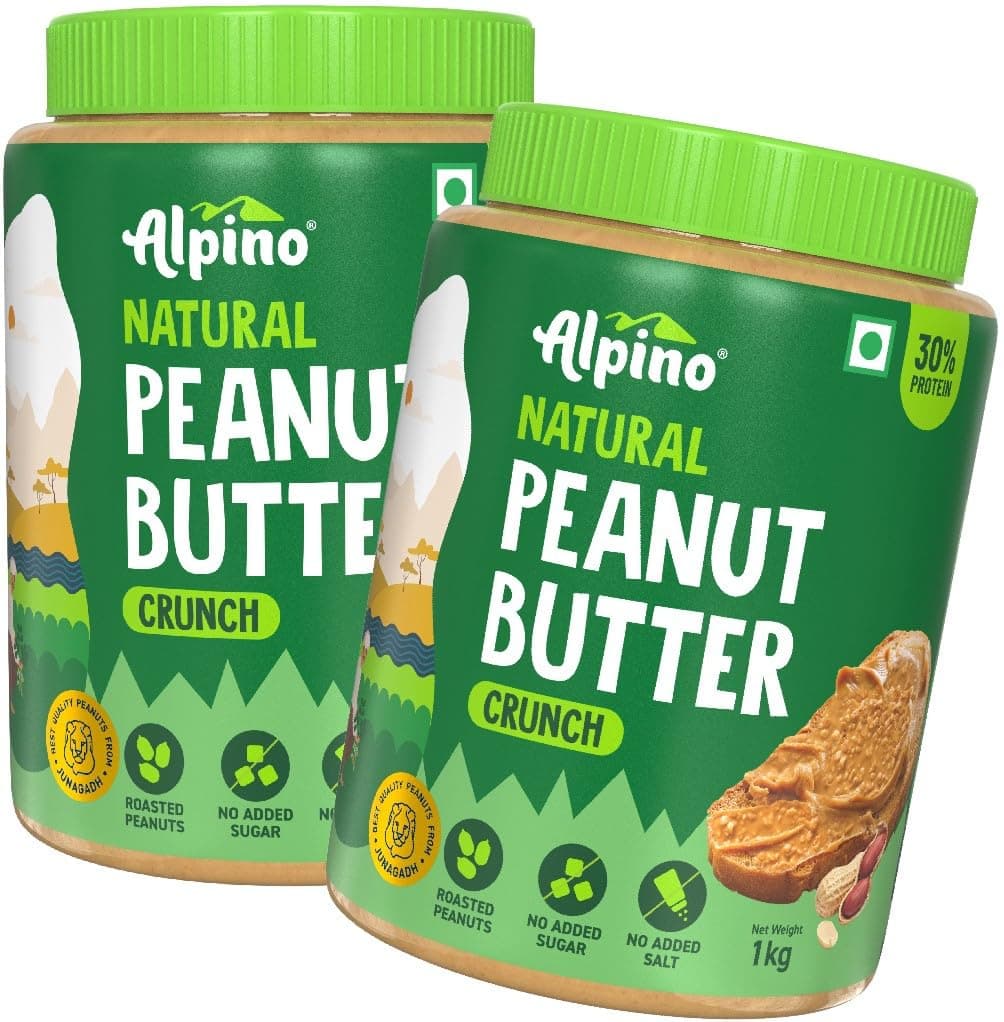 Alpino Natural Peanut Butter Crunch 2 KG | Unsweetened | 100% Roasted Peanuts | No Added Sugar, Salt, or Hydrogenated Oils |