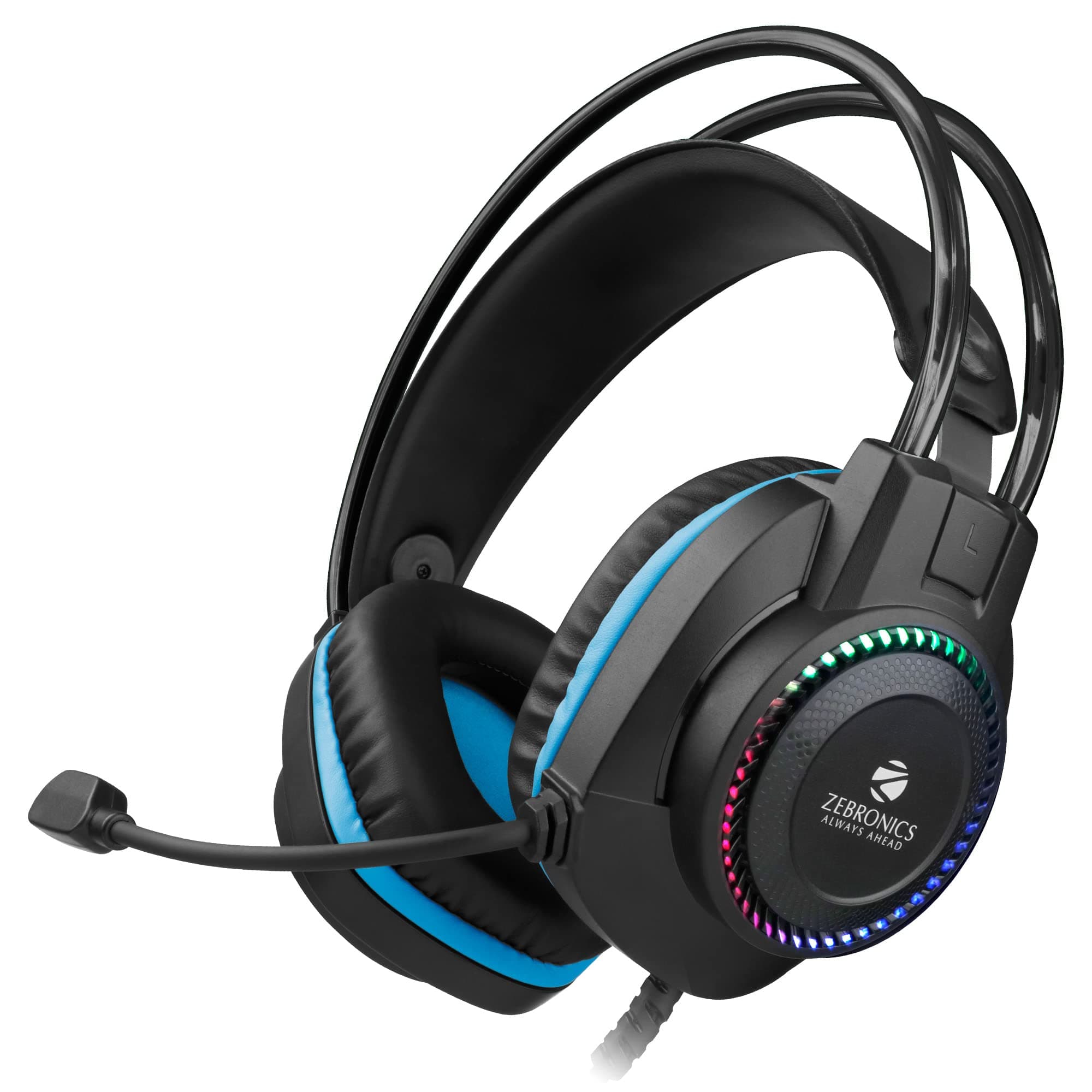 Zebronics Jet Premium Gaming Headphone with LED Light for earcups, 40mm Neodymium Drivers, 2 Meter Braided Cable, Flexible mic, Suspension Headband, 3.5mm + USB Connector & in-line Controller