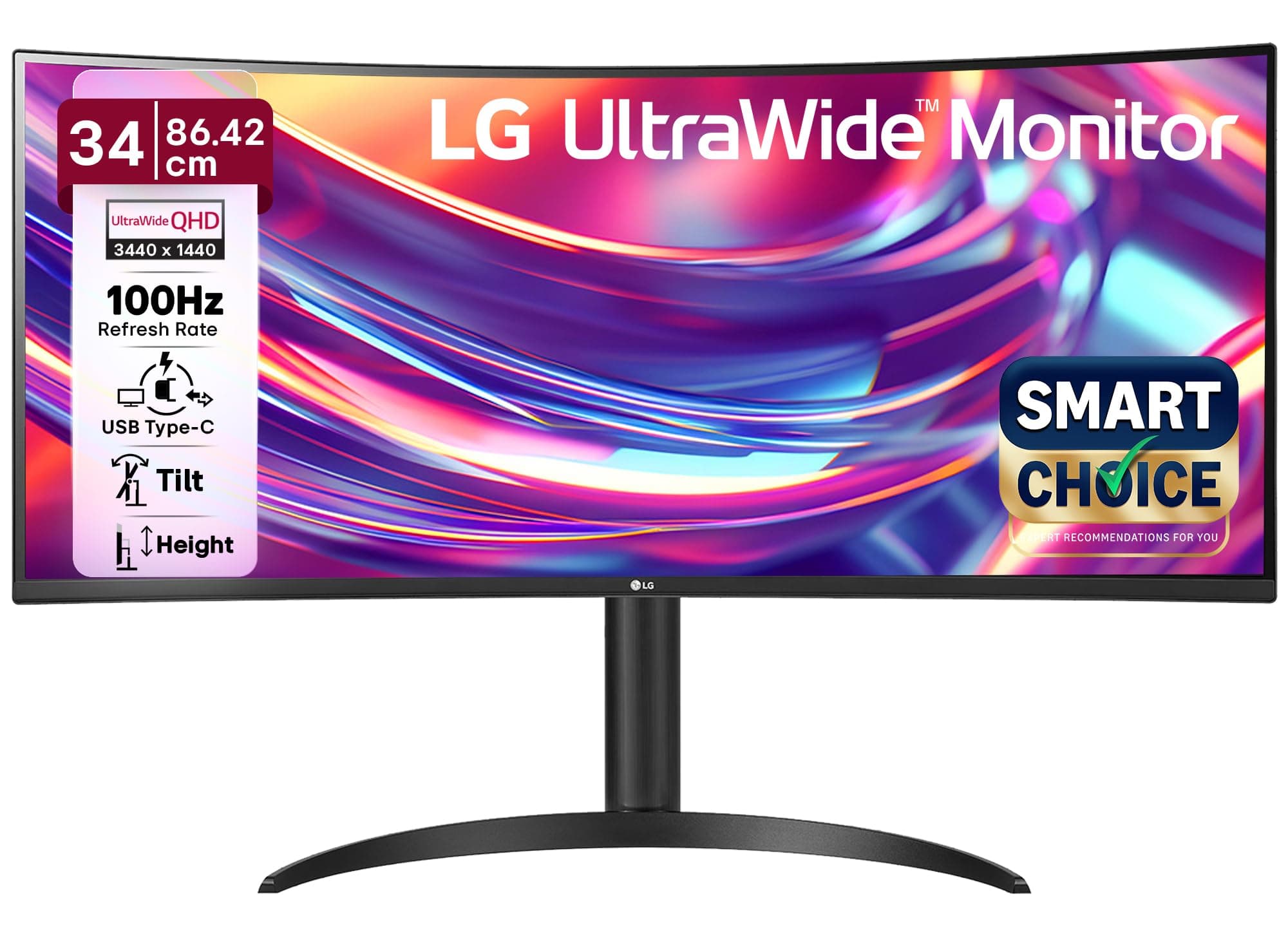 LG 34WR55QK-B 34-inch UltraWide WQHD (3440 x 1440) Curved Computer Monitor, 100Hz, 5ms, HDR10, Reader Mode, HDMI, DisplayPort, USB Type-C, Tilt/Height...