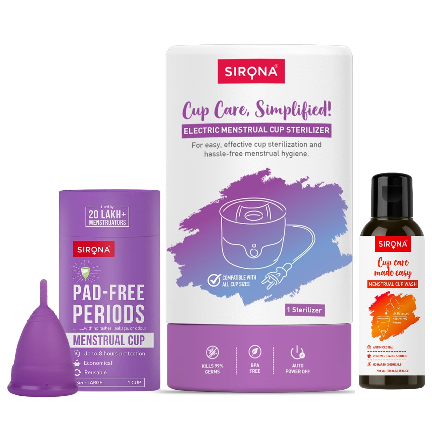 Sirona Reusable Menstrual Cup for Women - Large with Natural Menstrual Cup Wash - 100 ml & Menstrual Cup Sterilizer | Clean your Period Cup Effortless...