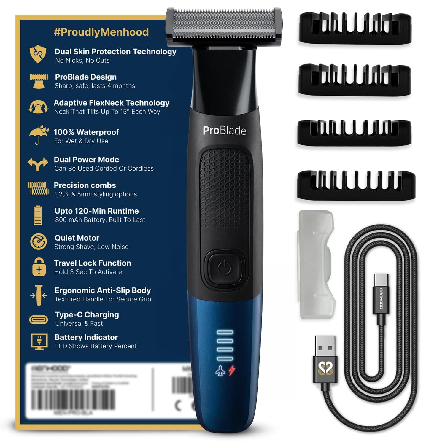 MENHOOD ProBlade 3-in-1 Hybrid Beard Trimmer Shaver for Men Trim Style Shave Adaptive Flex Neck 120 Min Runtime USB-C LED Indicator Dual Protection Waterproof Multi-Comb