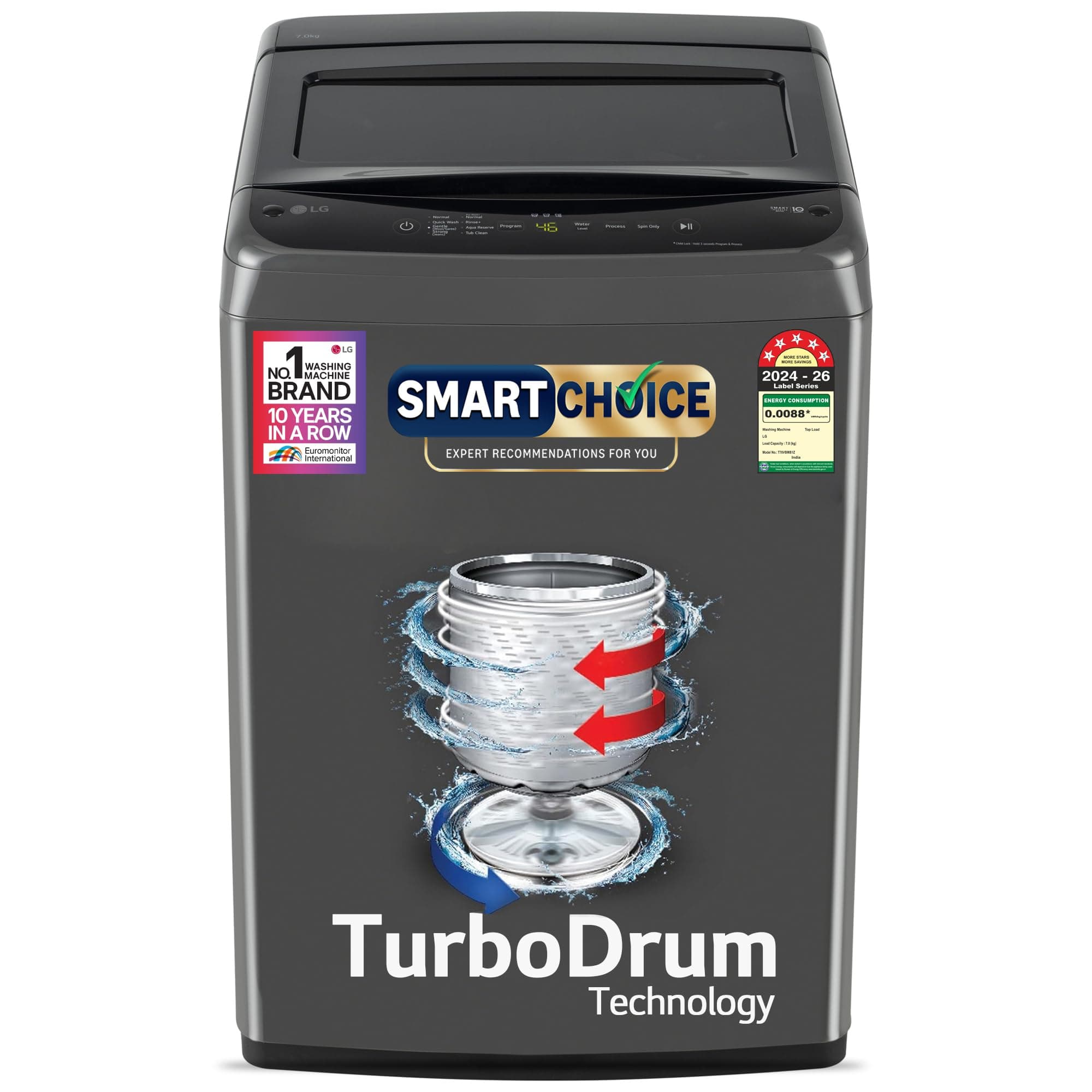 LG 7 Kg 5 Star Smart Inverter Technology Fully Automatic Top Load Washing Machine (2025 Model, T70VBMB1Z, Auto Prewash, Turbodrum, Stainless Steel dru...