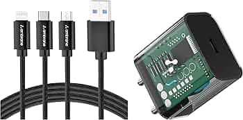 Ambrane 20W Type C Mobile Charger Adapter, Fast Charging for iPhone Android (Raap M20, Black Clear) with 3 in 1 Mobile Charing Cable, Lightning, Type ...