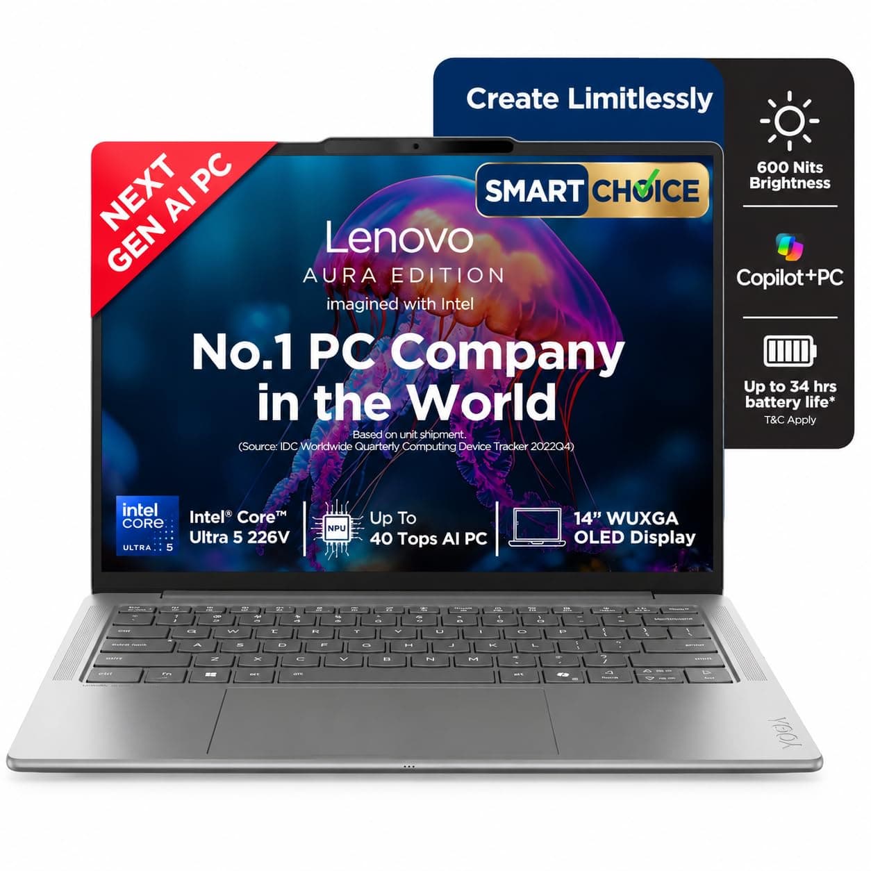 Lenovo Yoga Slim 7 Aura Edition Intel Evo Core Ultra 5 226V (16GB RAM/512GB SSD/14 (35.5cm)/WUXGA OLED/Copilot+ PC/Windows 11/MSO 365 Basic+Office 2024/1Yr ADP/Seashell/1.19Kg), 83JX00ENIN AI Laptop