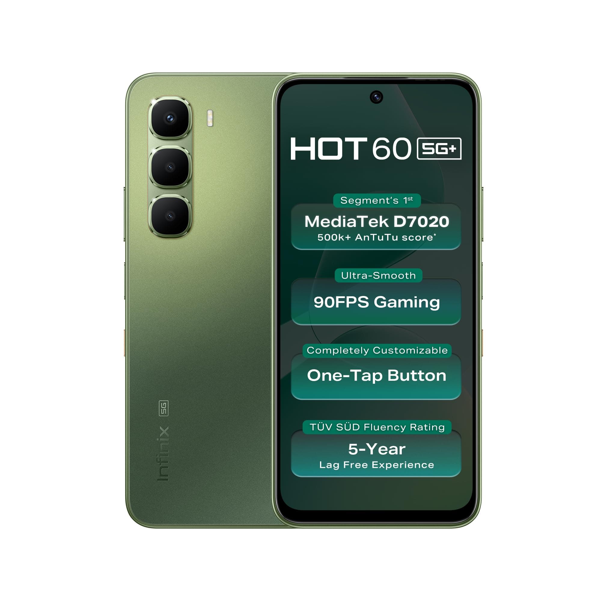 Infinix HOT 60 5G+ (Tundra Green, 6GB RAM, 128GB Storage) | 90FPS Gaming | 500K+AnTuTu Score | One-Tap AI Button | Infinix AI (Without Offers)